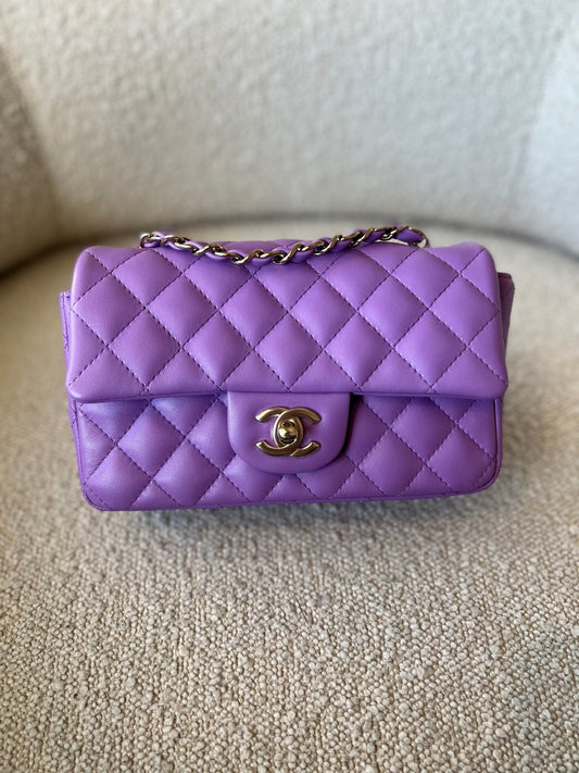 Chanel 22S Light Purple Lambskin Quilted Mini Rectangular Single Flap LGHW
