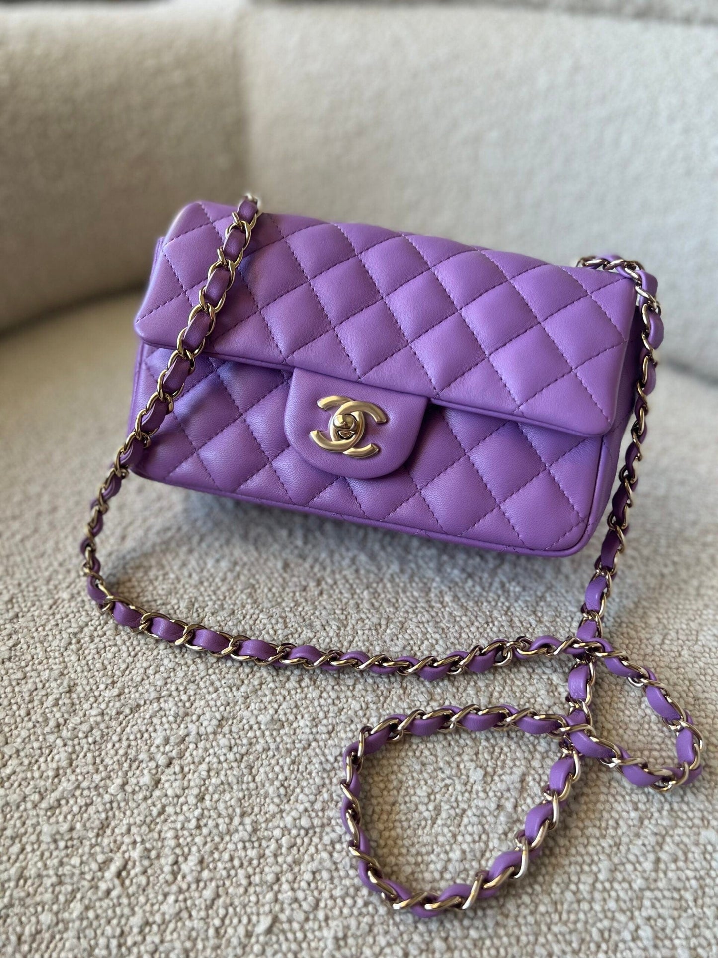 Chanel 22S Light Purple Lambskin Quilted Mini Rectangular Single Flap LGHW