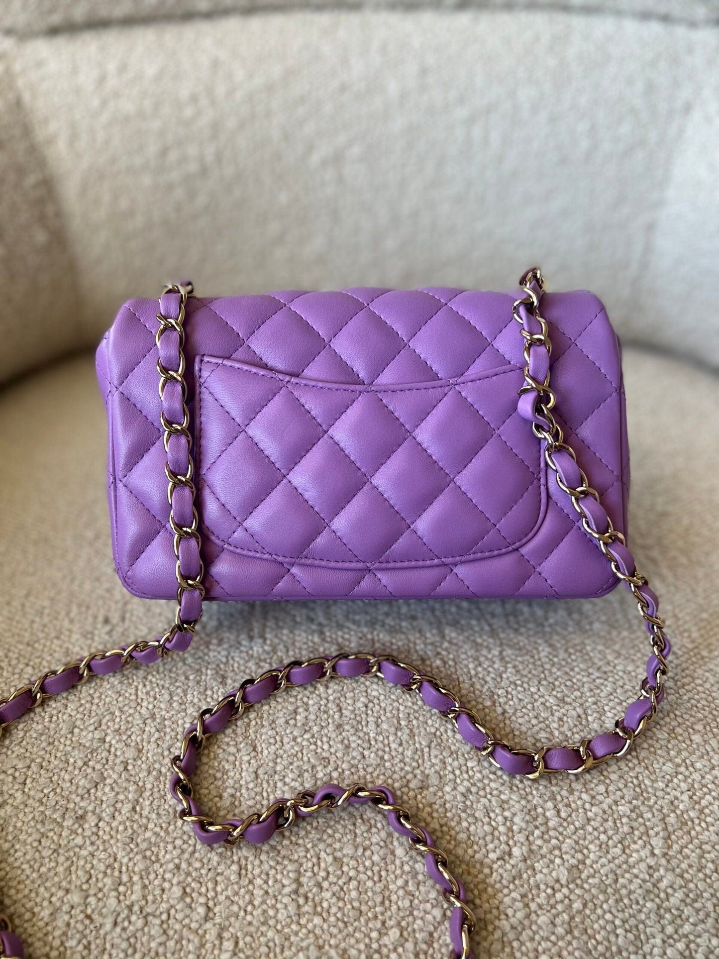 Chanel 22S Light Purple Lambskin Quilted Mini Rectangular Single Flap LGHW