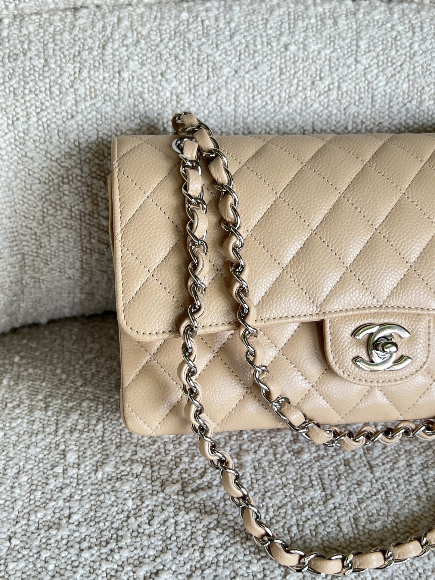 Chanel Beige Clair Caviar Quilted Classic Flap Medium SHW