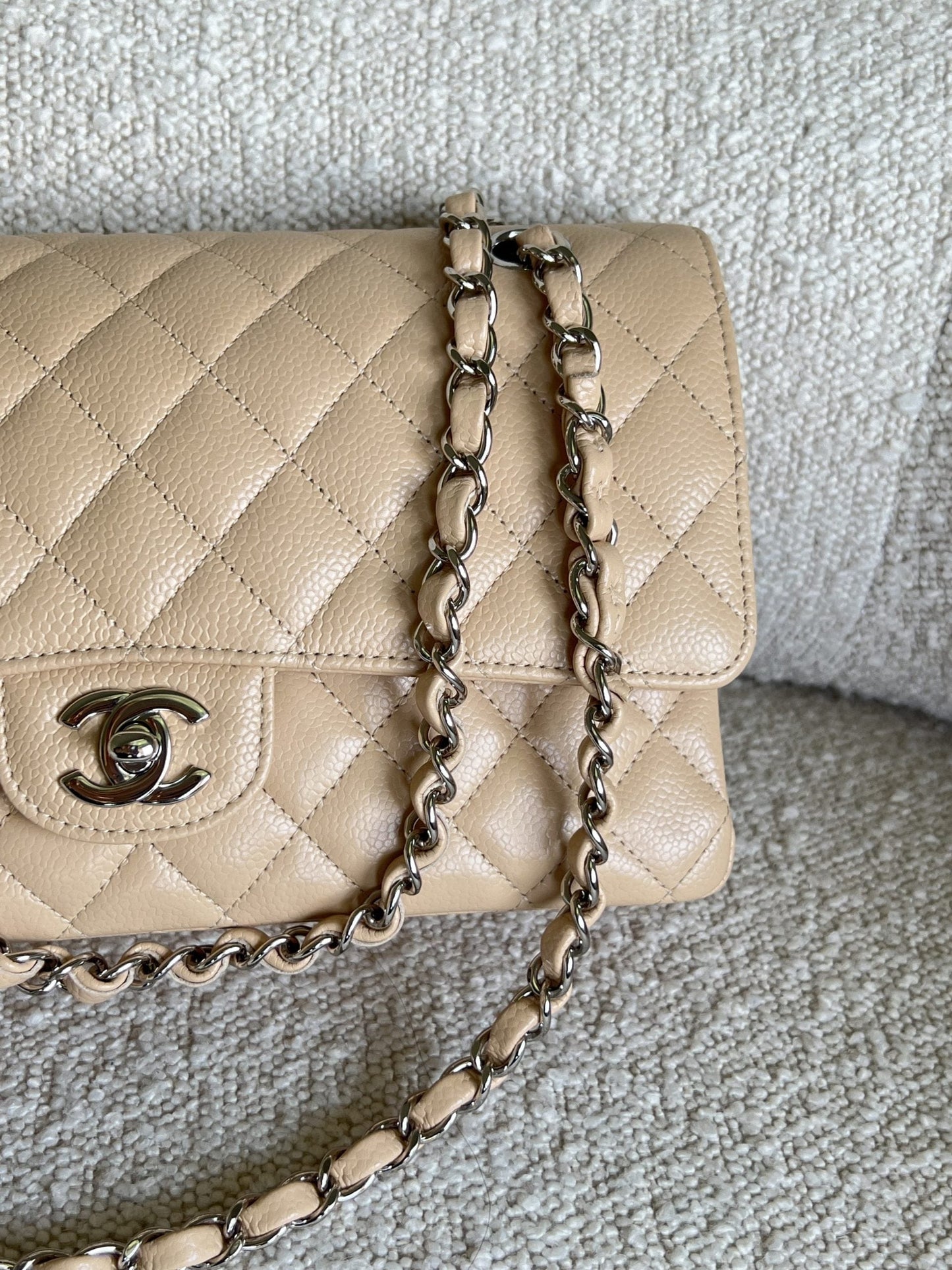 Chanel Beige Clair Caviar Quilted Classic Flap Medium SHW