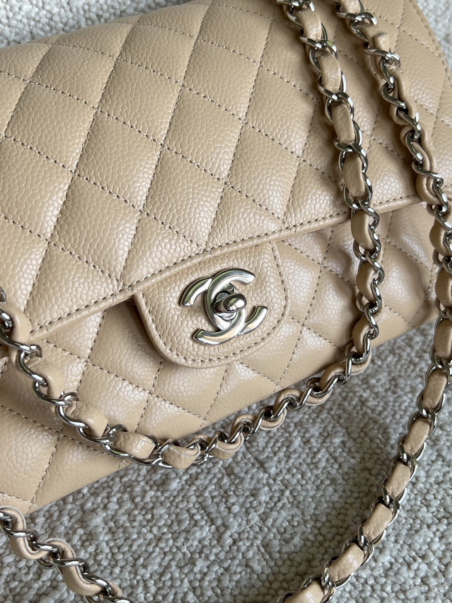 Chanel Beige Clair Caviar Quilted Classic Flap Medium SHW