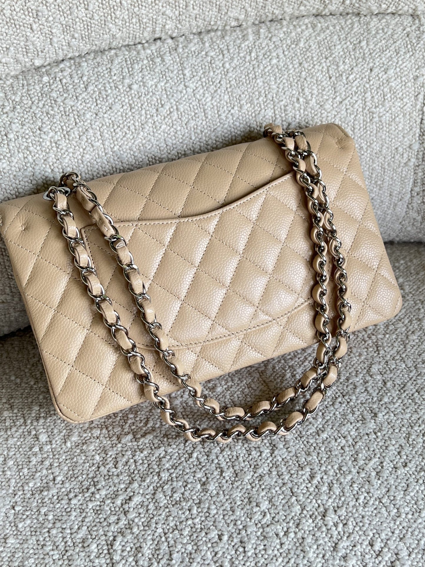 Chanel Beige Clair Caviar Quilted Classic Flap Medium SHW