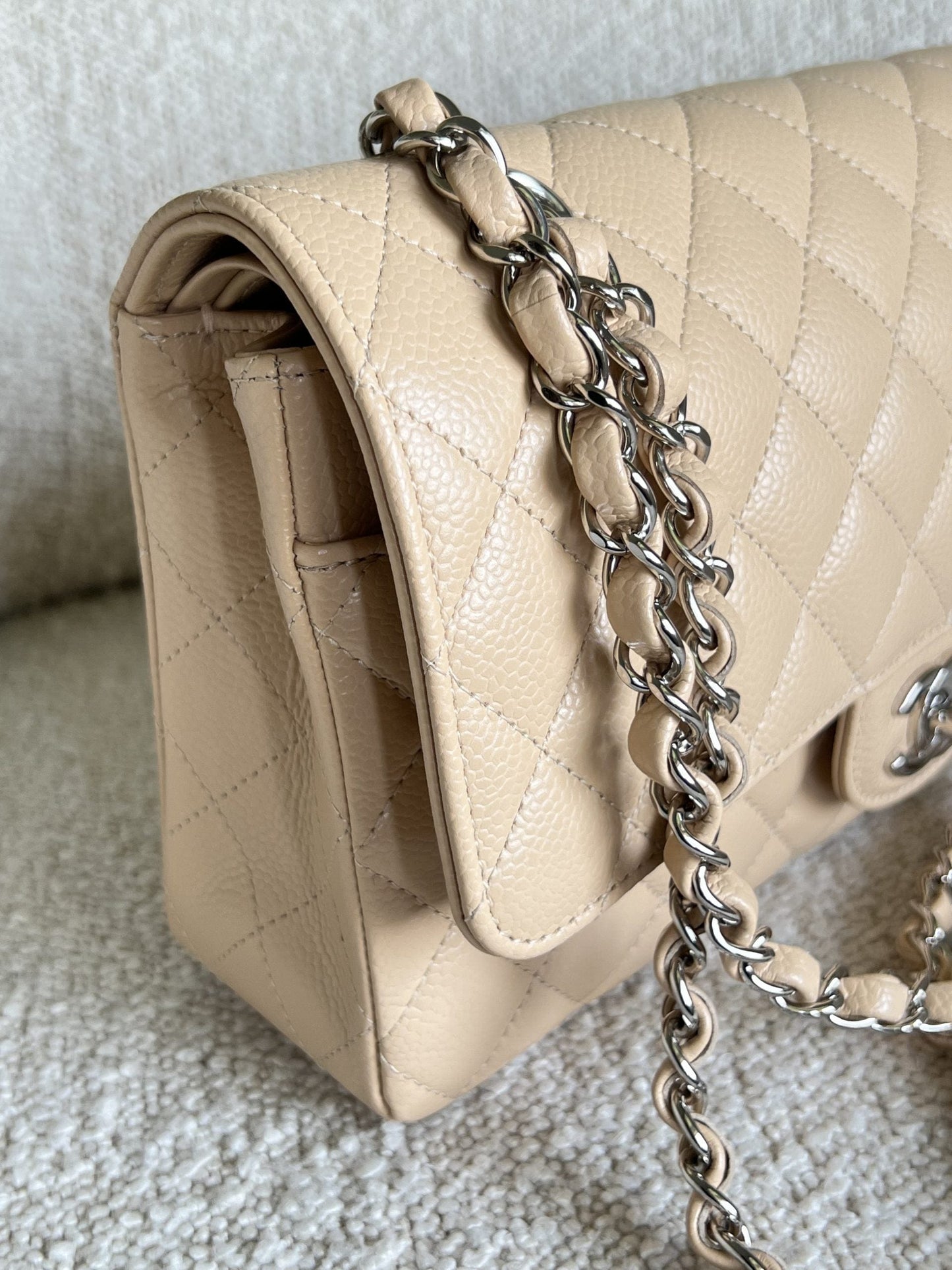 Chanel Beige Clair Caviar Quilted Classic Flap Medium SHW