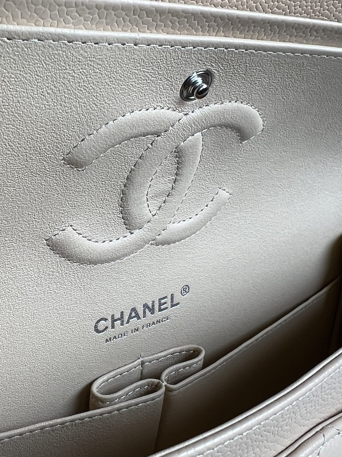 Chanel Beige Clair Caviar Quilted Classic Flap Medium SHW