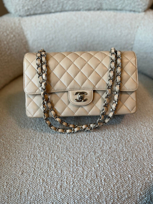 Chanel Beige Clair Caviar Quilted Classic Flap Medium SHW