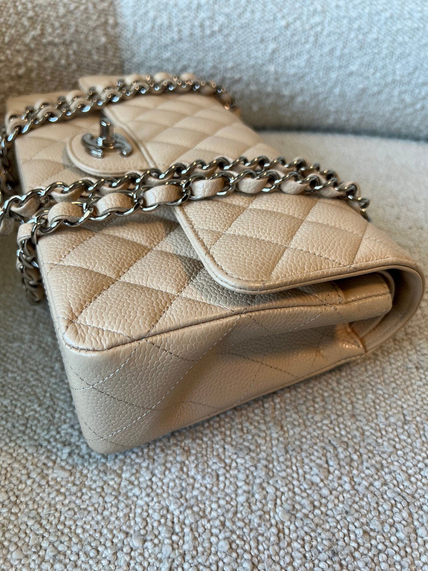 Chanel Beige Clair Caviar Quilted Classic Flap Medium SHW