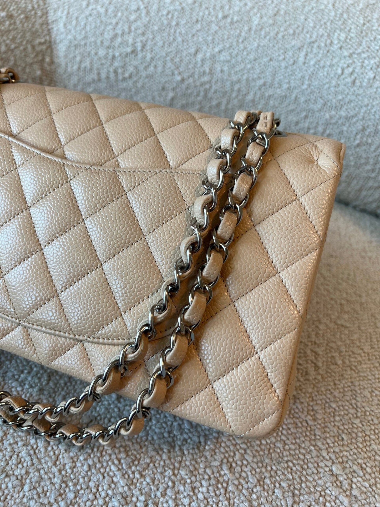 Chanel Beige Clair Caviar Quilted Classic Flap Medium SHW