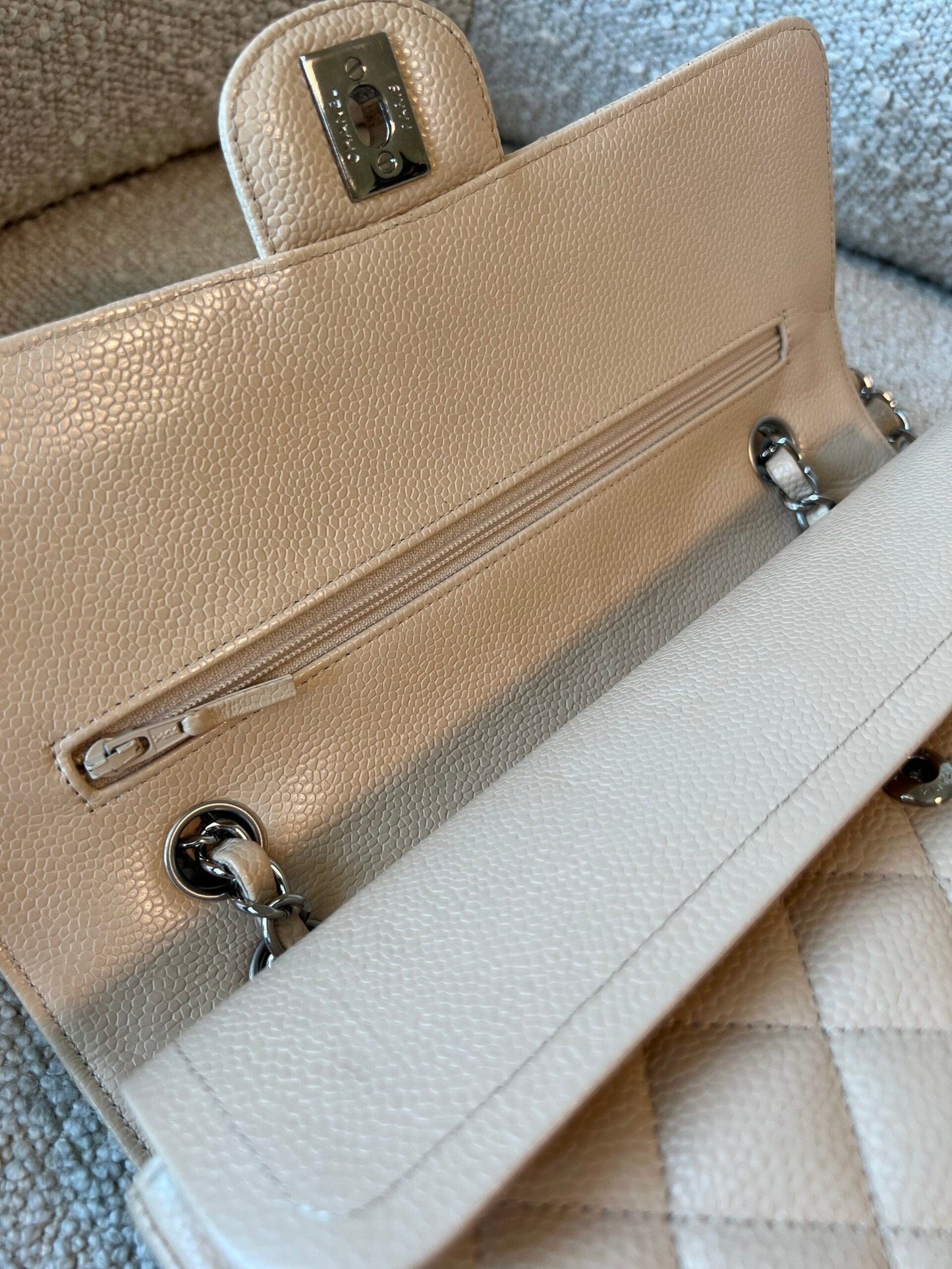 Chanel Beige Clair Caviar Quilted Classic Flap Medium SHW