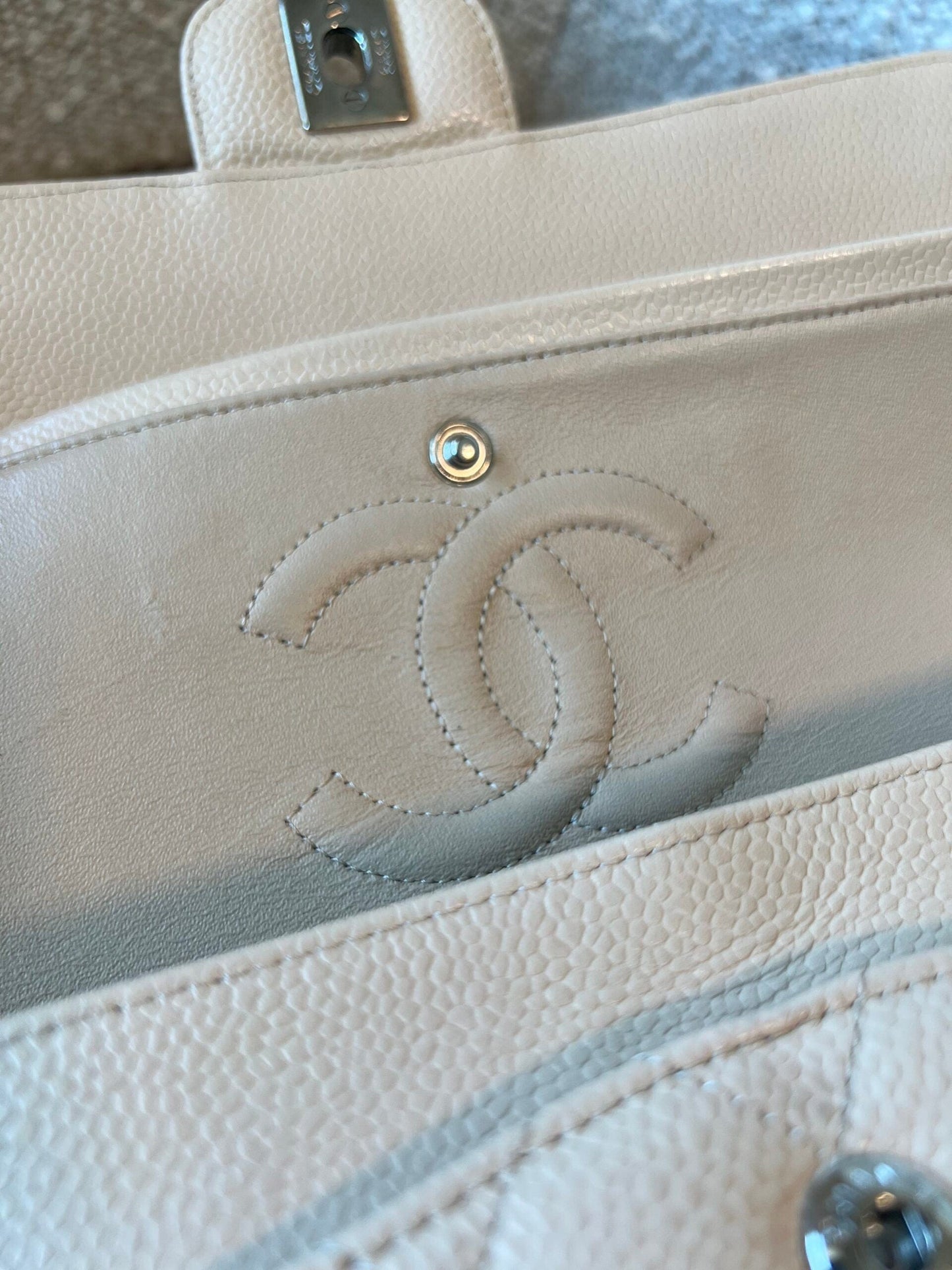 Chanel Beige Clair Caviar Quilted Classic Flap Medium SHW