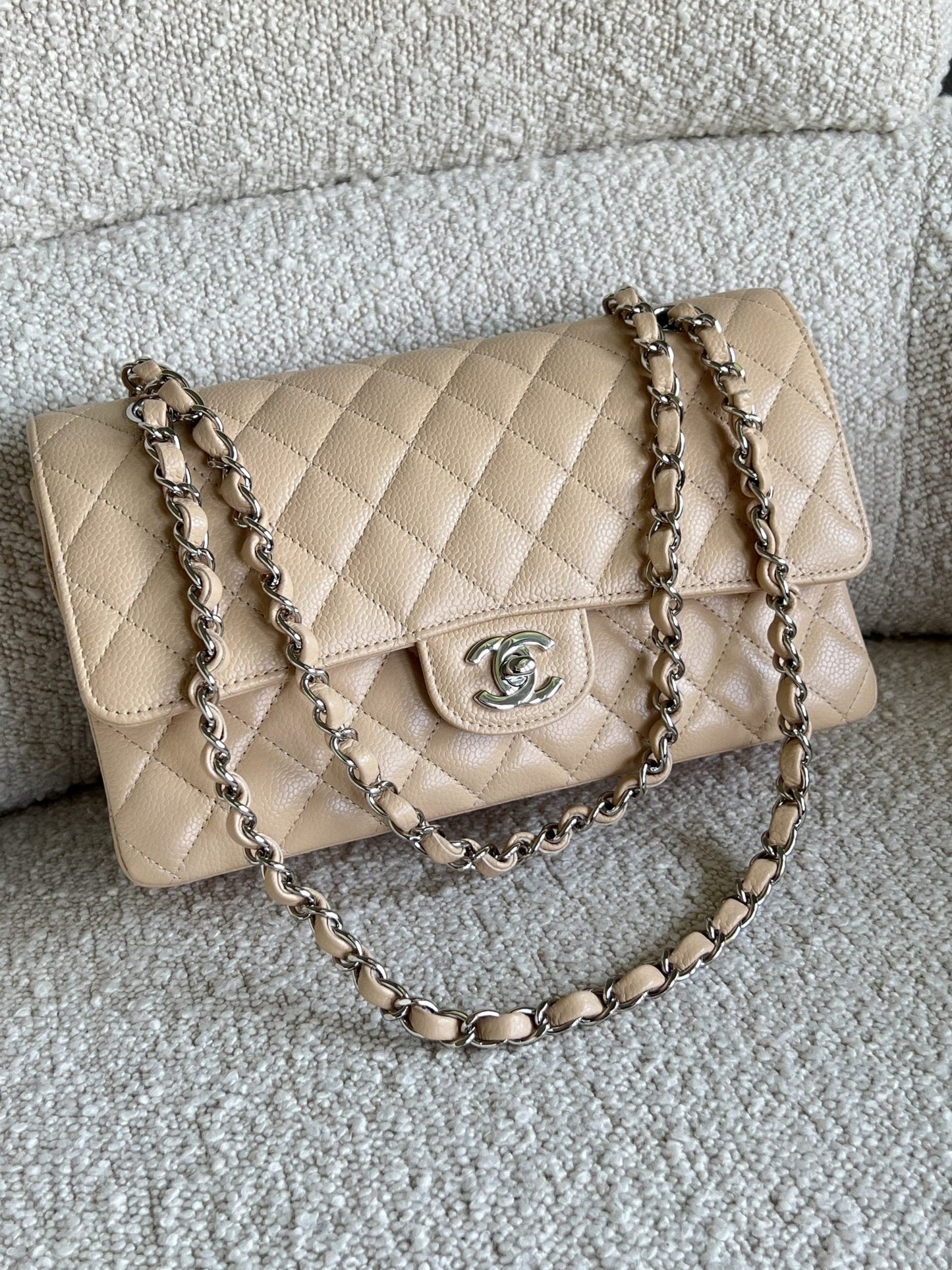 Chanel Beige Clair Caviar Quilted Classic Flap Medium SHW
