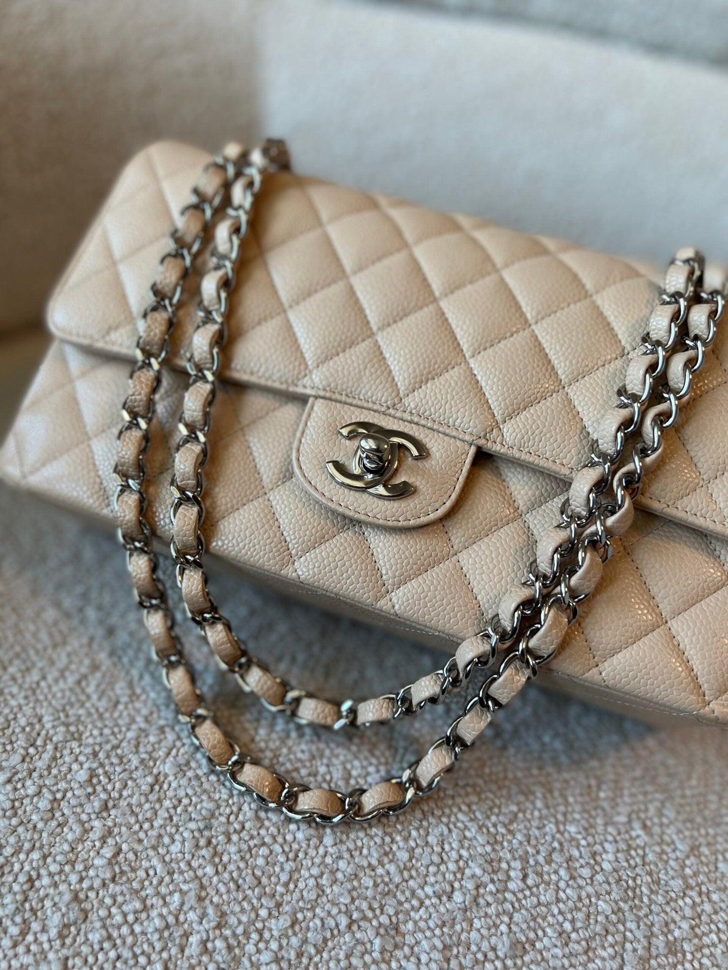 Chanel Beige Clair Caviar Quilted Classic Flap Medium SHW