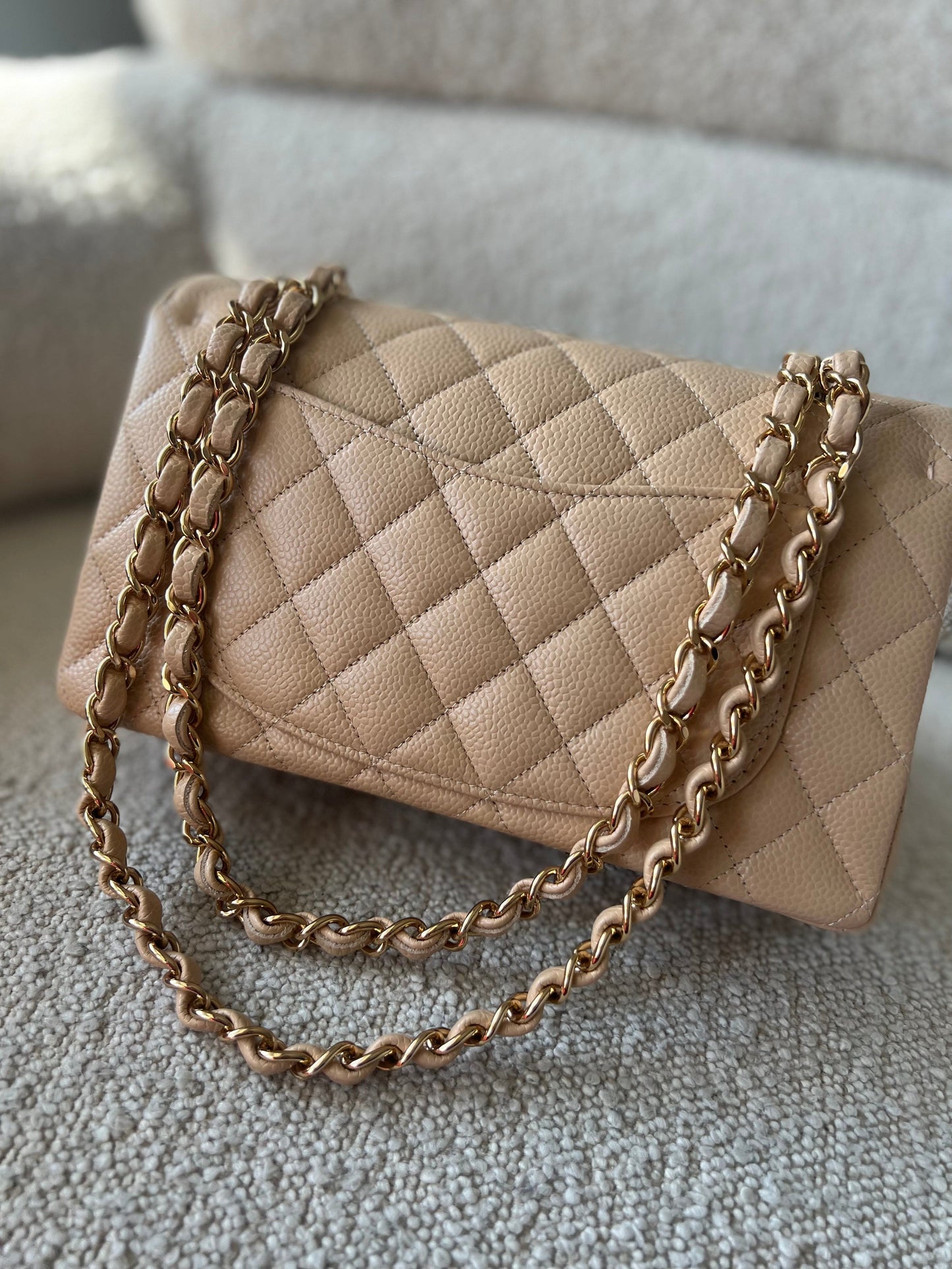 Chanel Beige Clair Caviar Quilted Small Classic Double Flap Gold Hardware