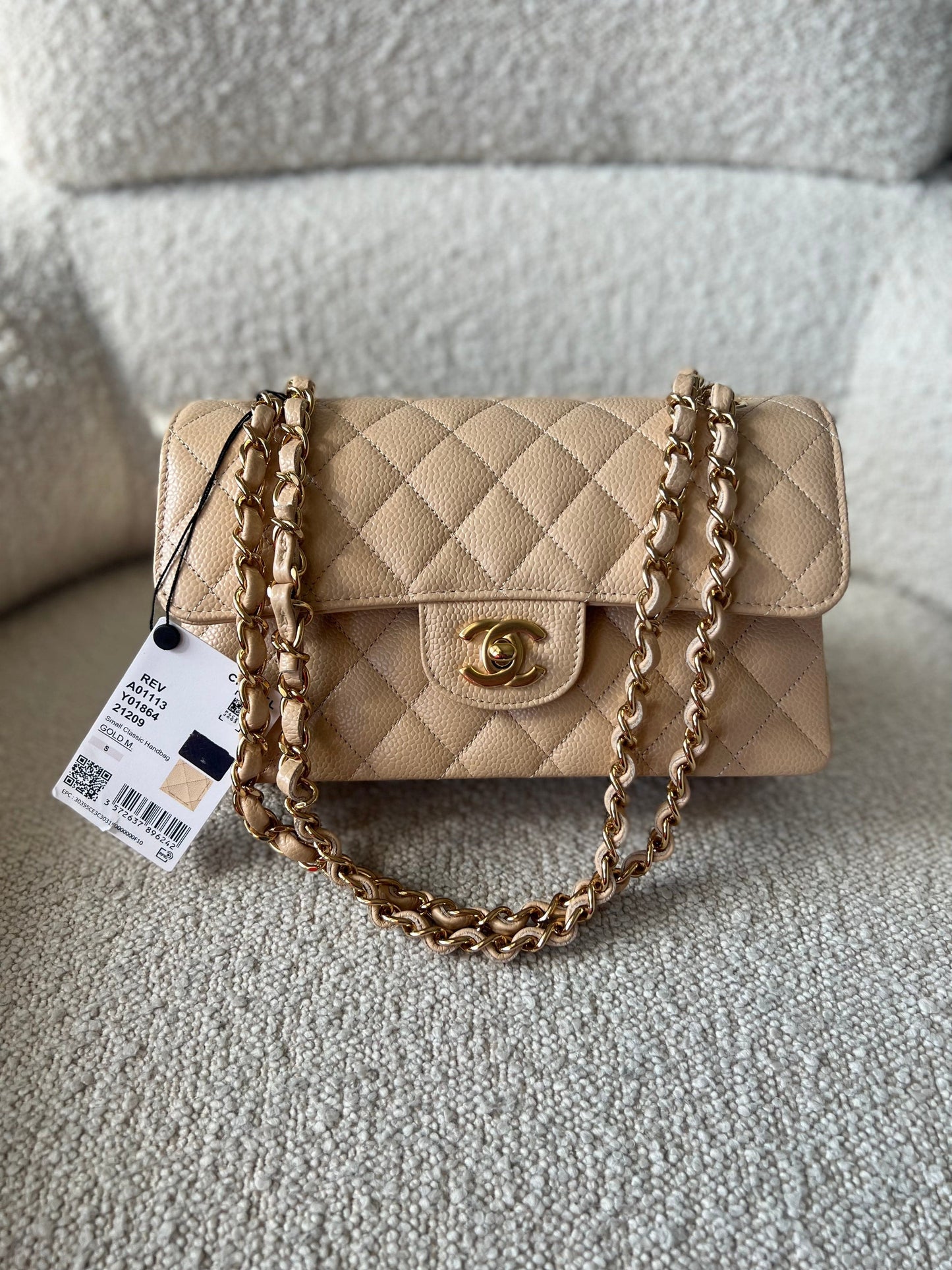 Chanel Beige Clair Caviar Quilted Small Classic Double Flap Gold Hardware