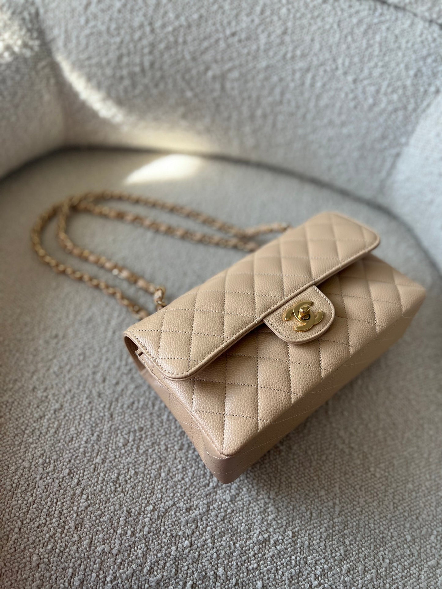 Chanel Beige Clair Caviar Quilted Small Classic Double Flap Gold Hardware