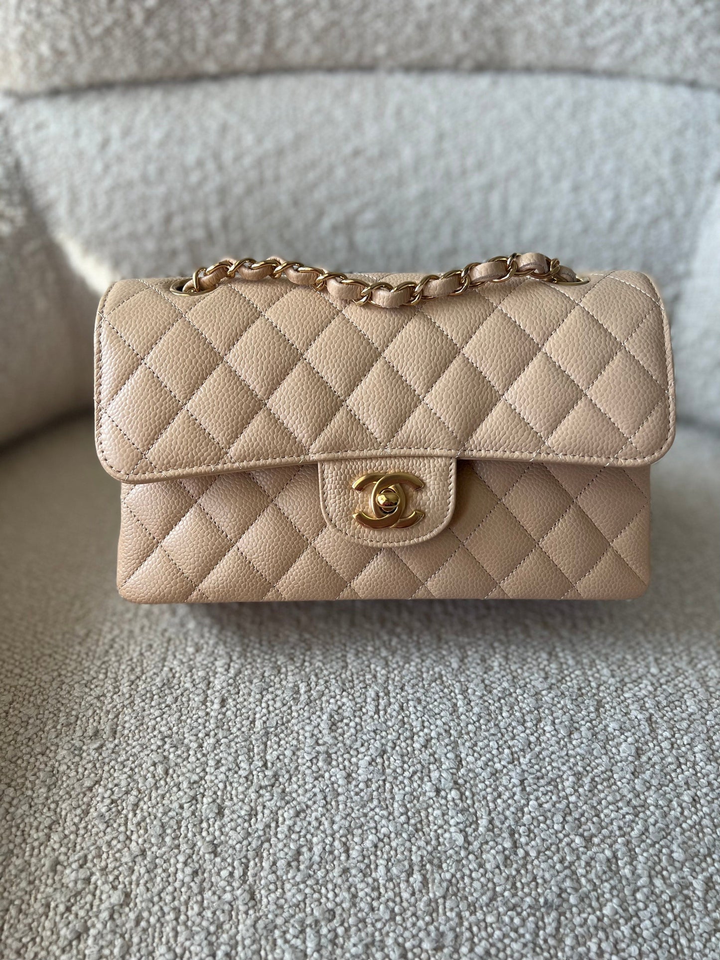 Chanel Beige Clair Caviar Quilted Small Classic Double Flap Gold Hardware