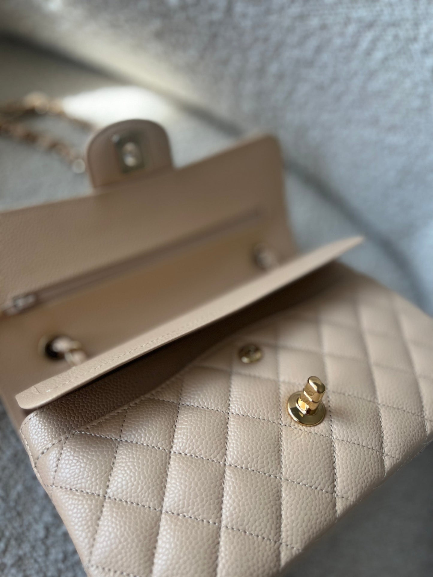 Chanel Beige Clair Caviar Quilted Small Classic Double Flap Gold Hardware