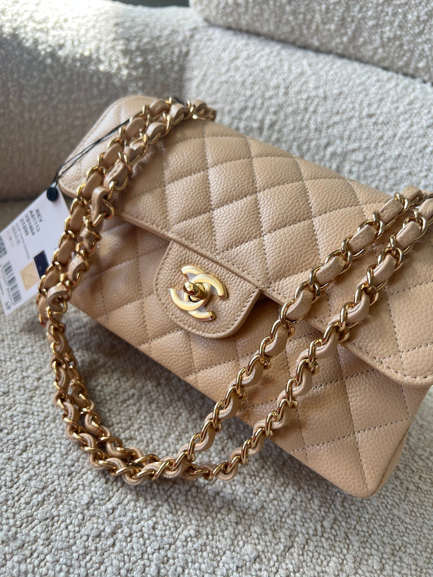 Chanel Beige Clair Caviar Quilted Small Classic Double Flap Gold Hardware