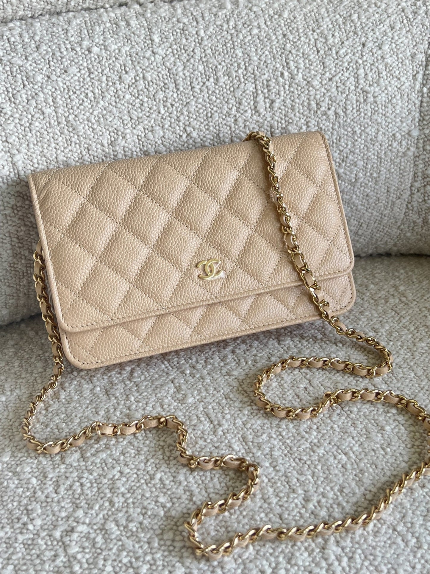 Chanel Beige Clair Caviar Quilted Wallet on Chain GHW
