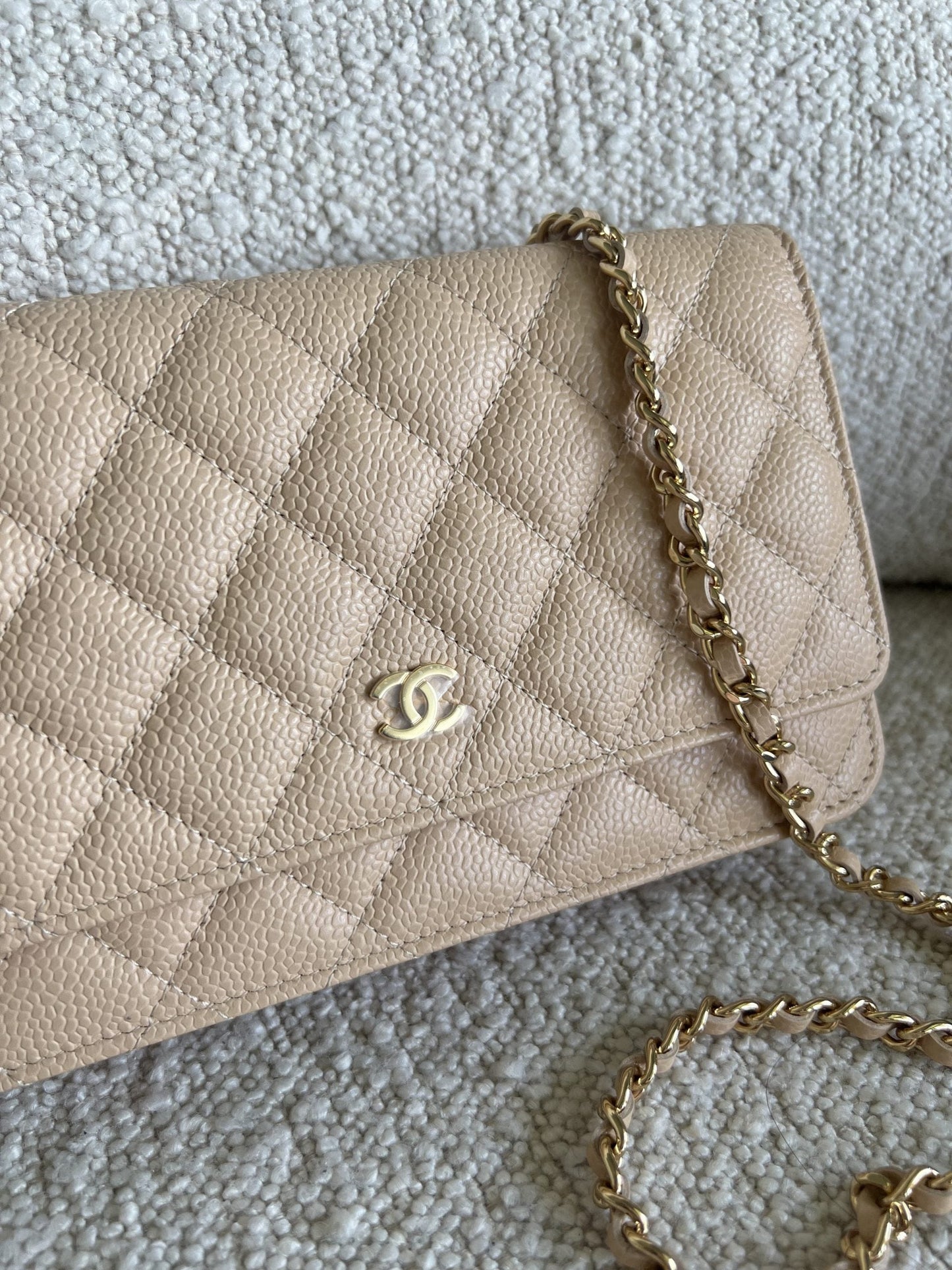 Chanel Beige Clair Caviar Quilted Wallet on Chain GHW
