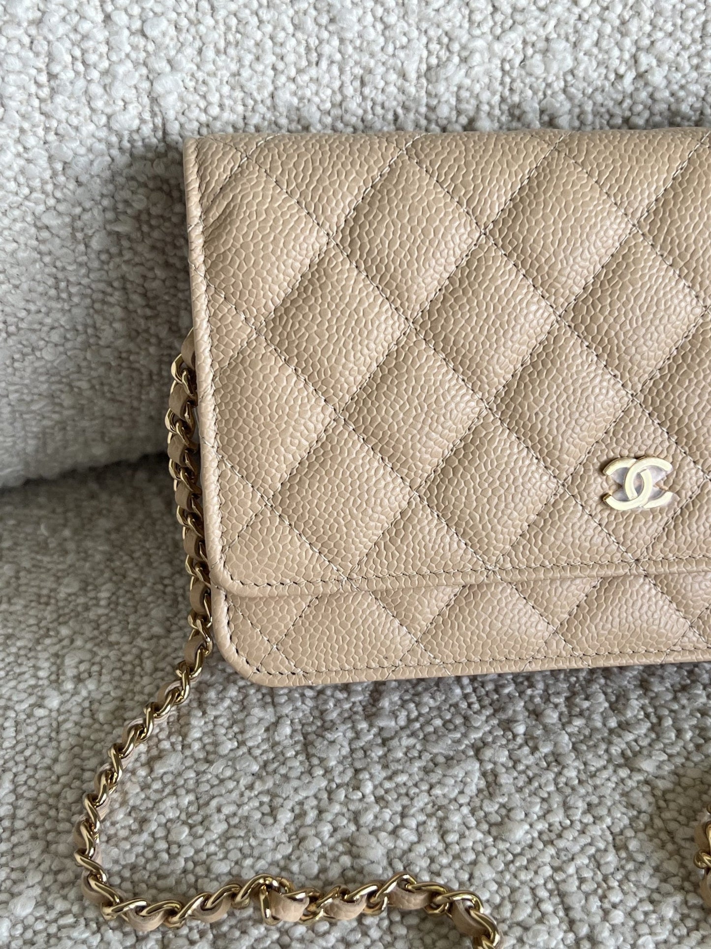 Chanel Beige Clair Caviar Quilted Wallet on Chain GHW