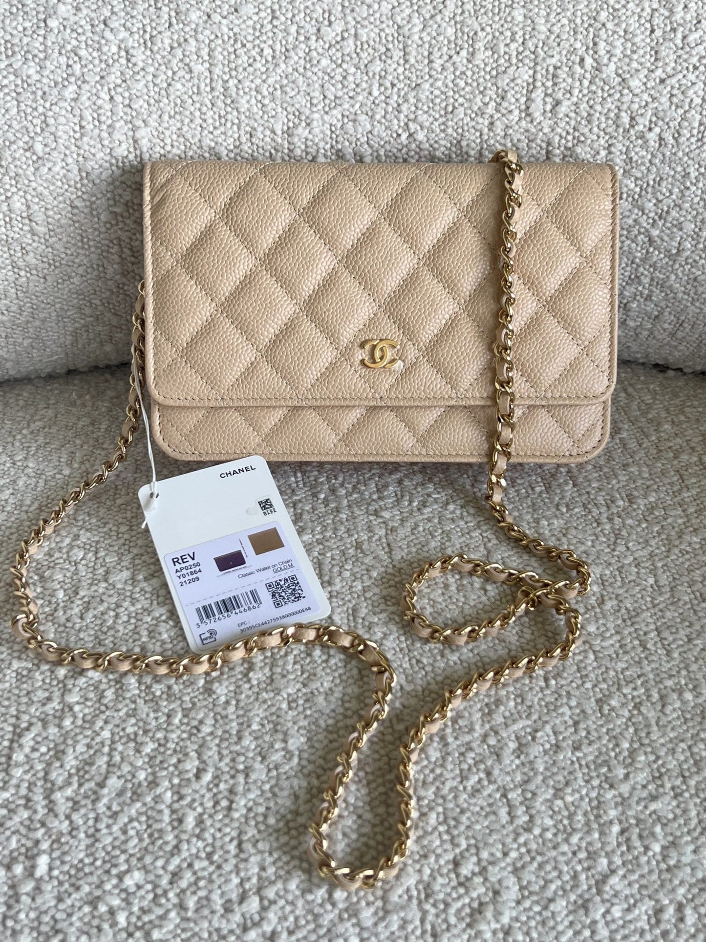 Chanel Beige Clair Caviar Quilted Wallet on Chain GHW