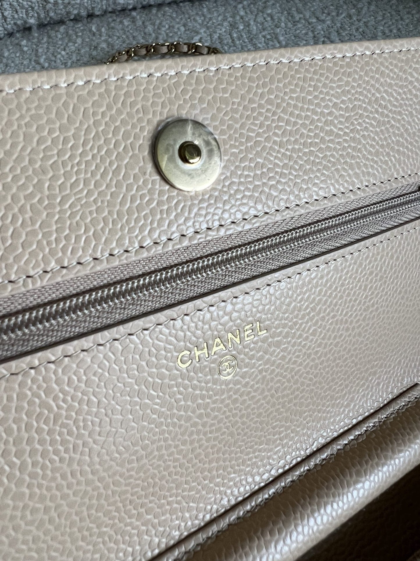 Chanel Beige Clair Caviar Quilted Wallet on Chain GHW