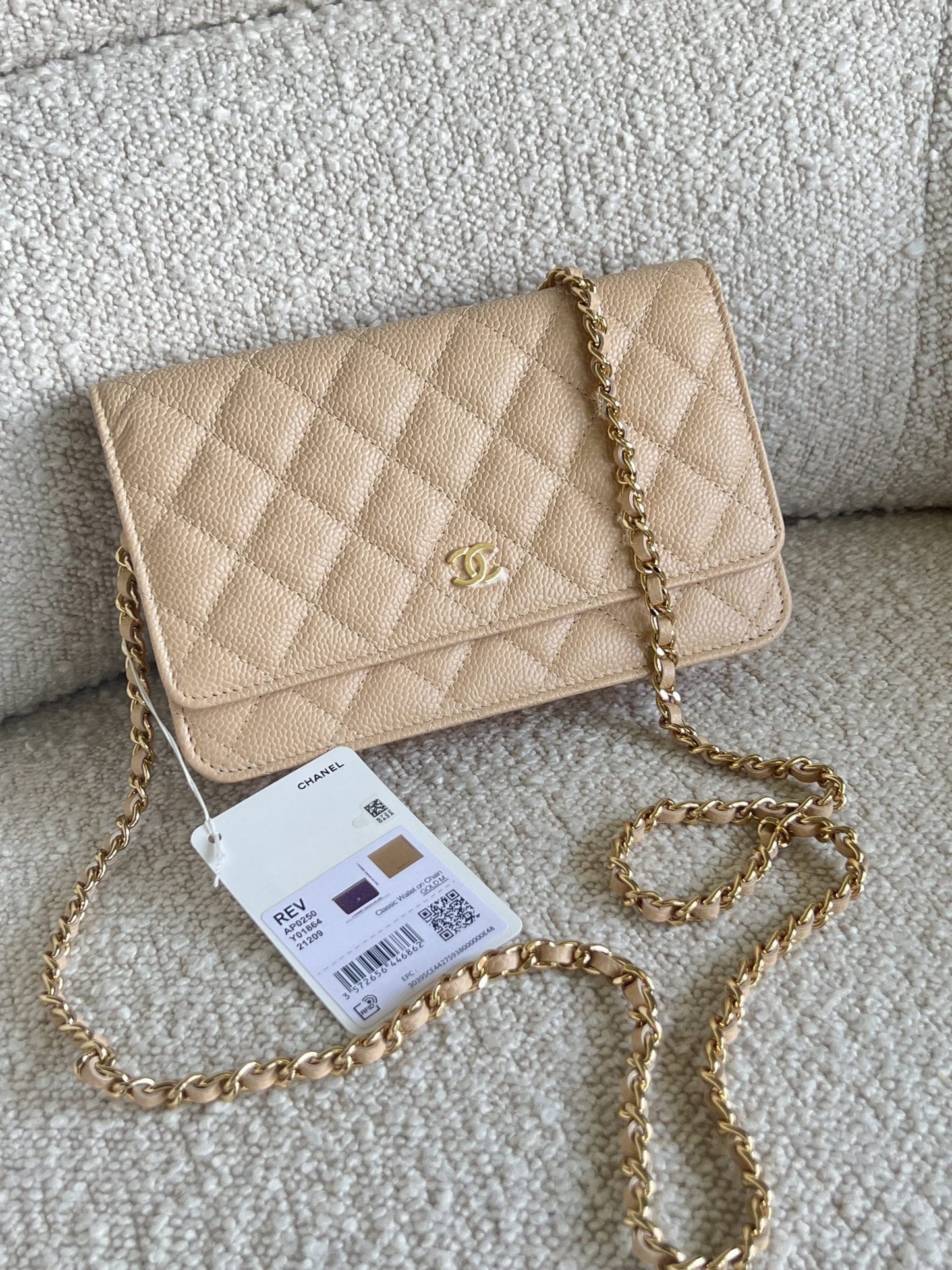 Chanel Beige Clair Caviar Quilted Wallet on Chain GHW