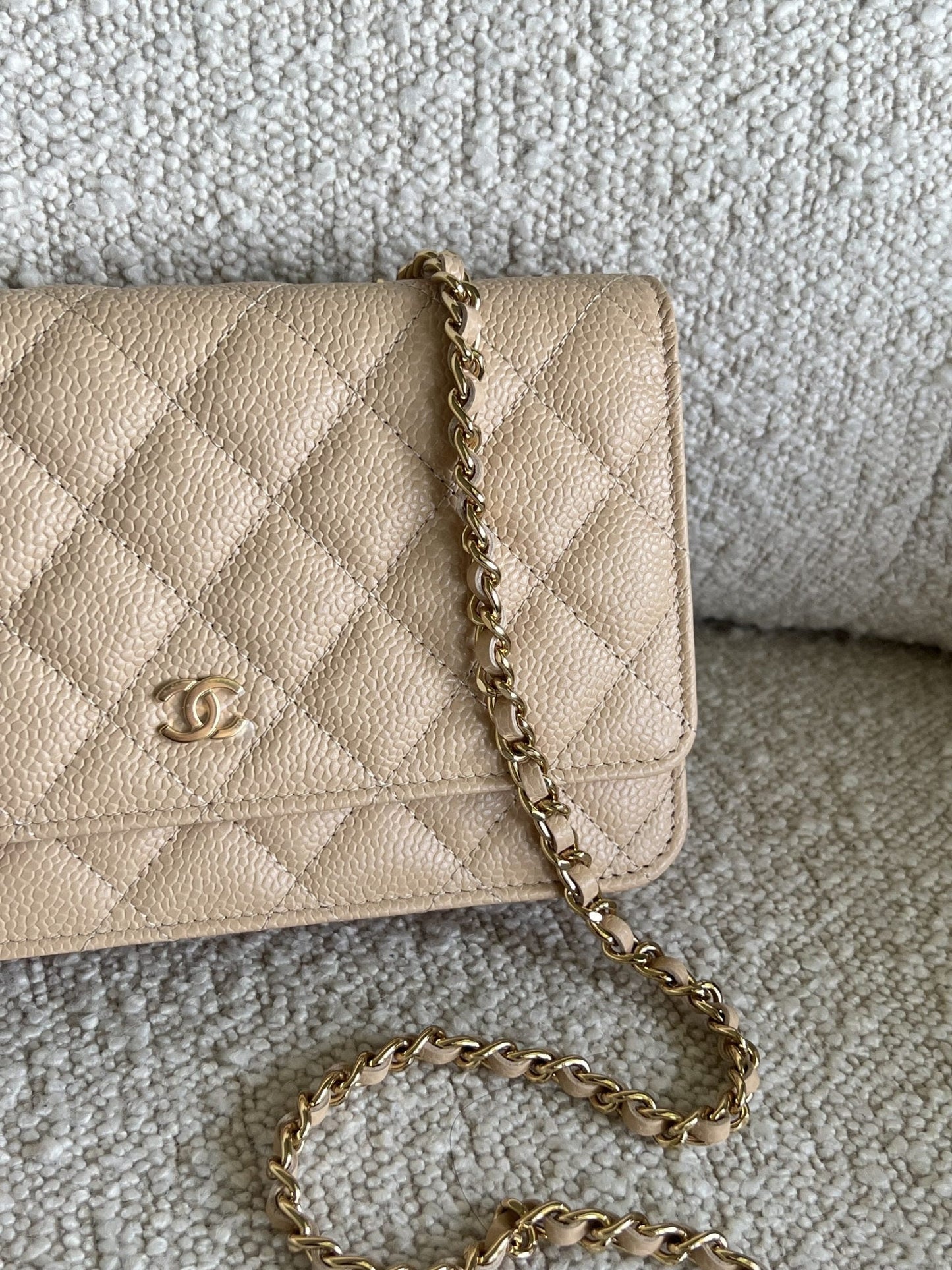 Chanel Beige Clair Caviar Quilted Wallet on Chain GHW