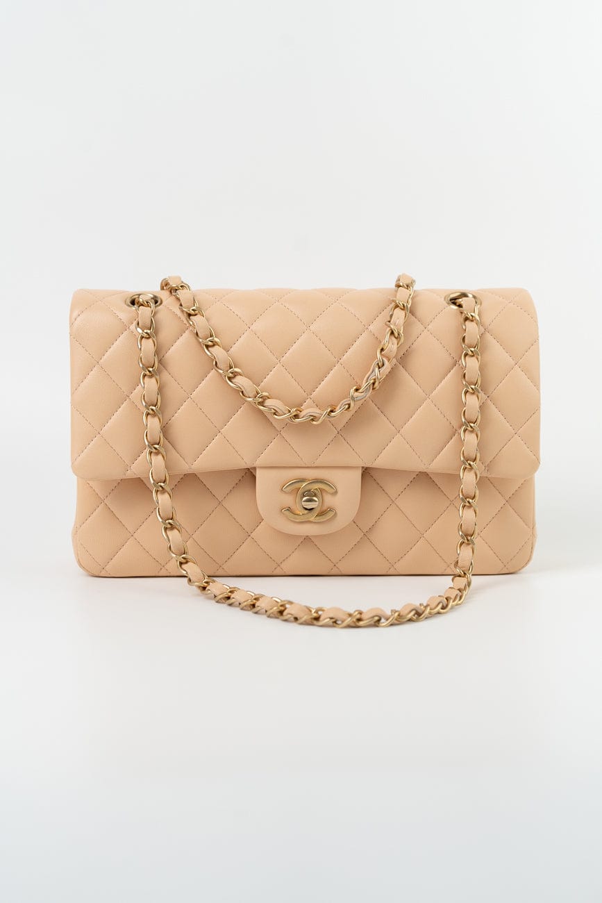 Chanel Beige Lambskin Quilted Classic Flap Medium AGHW