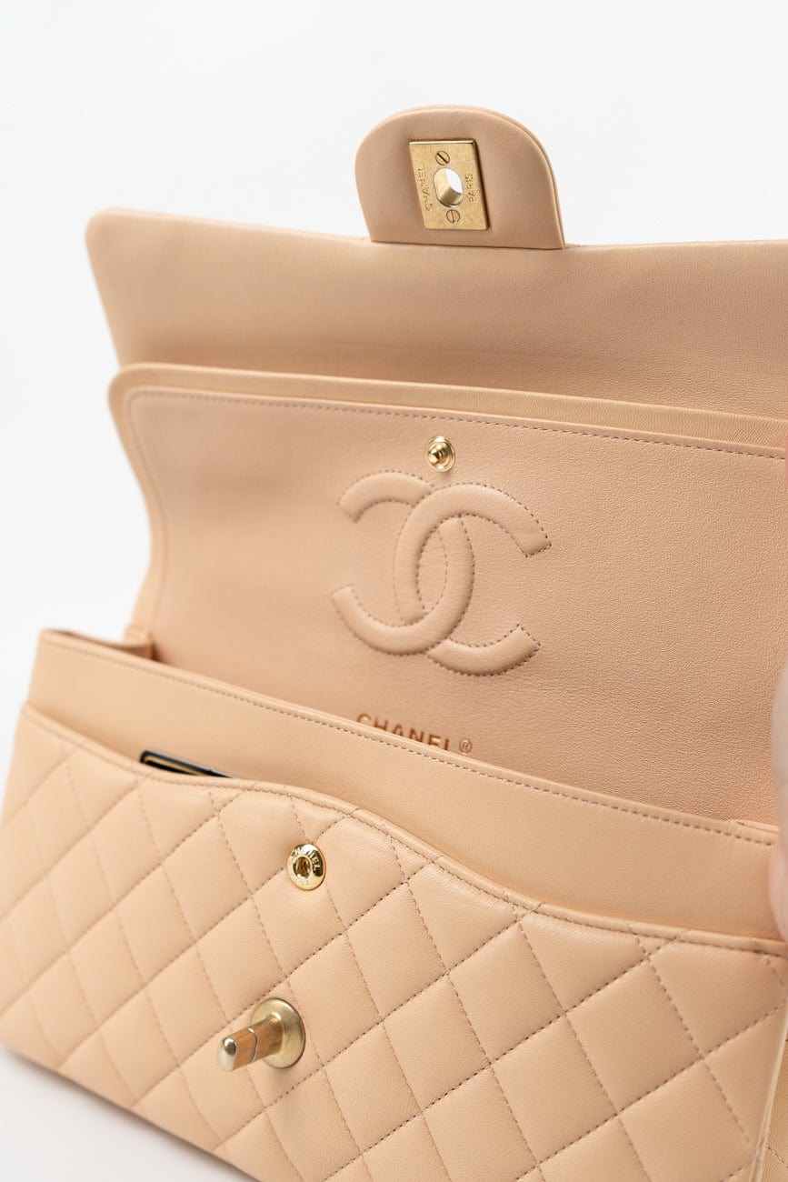 Chanel Beige Lambskin Quilted Classic Flap Medium AGHW