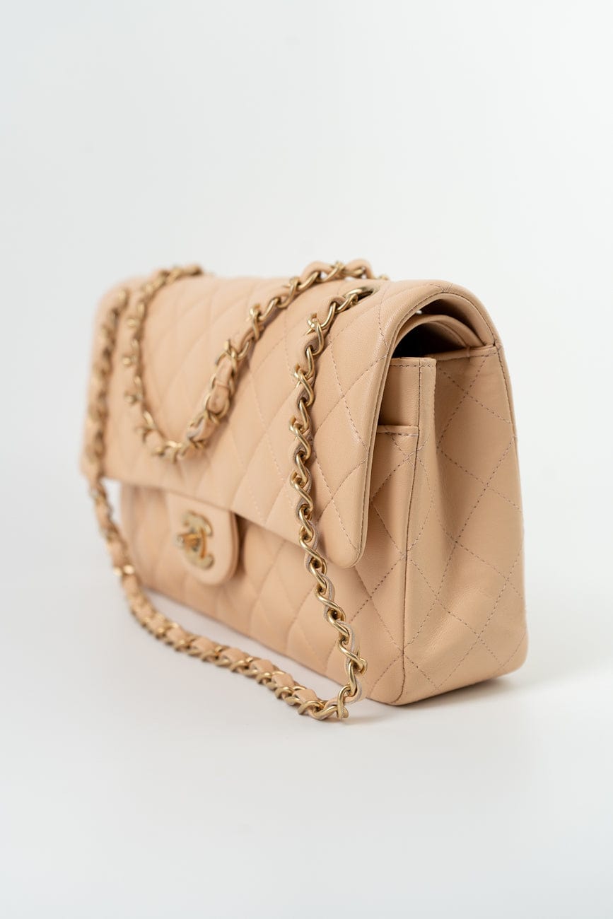 Chanel Beige Lambskin Quilted Classic Flap Medium AGHW