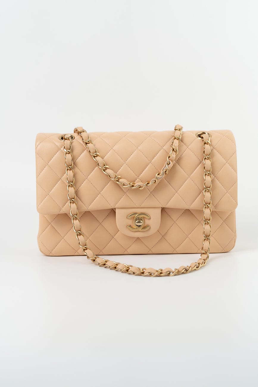 Chanel Beige Lambskin Quilted Classic Flap Medium AGHW