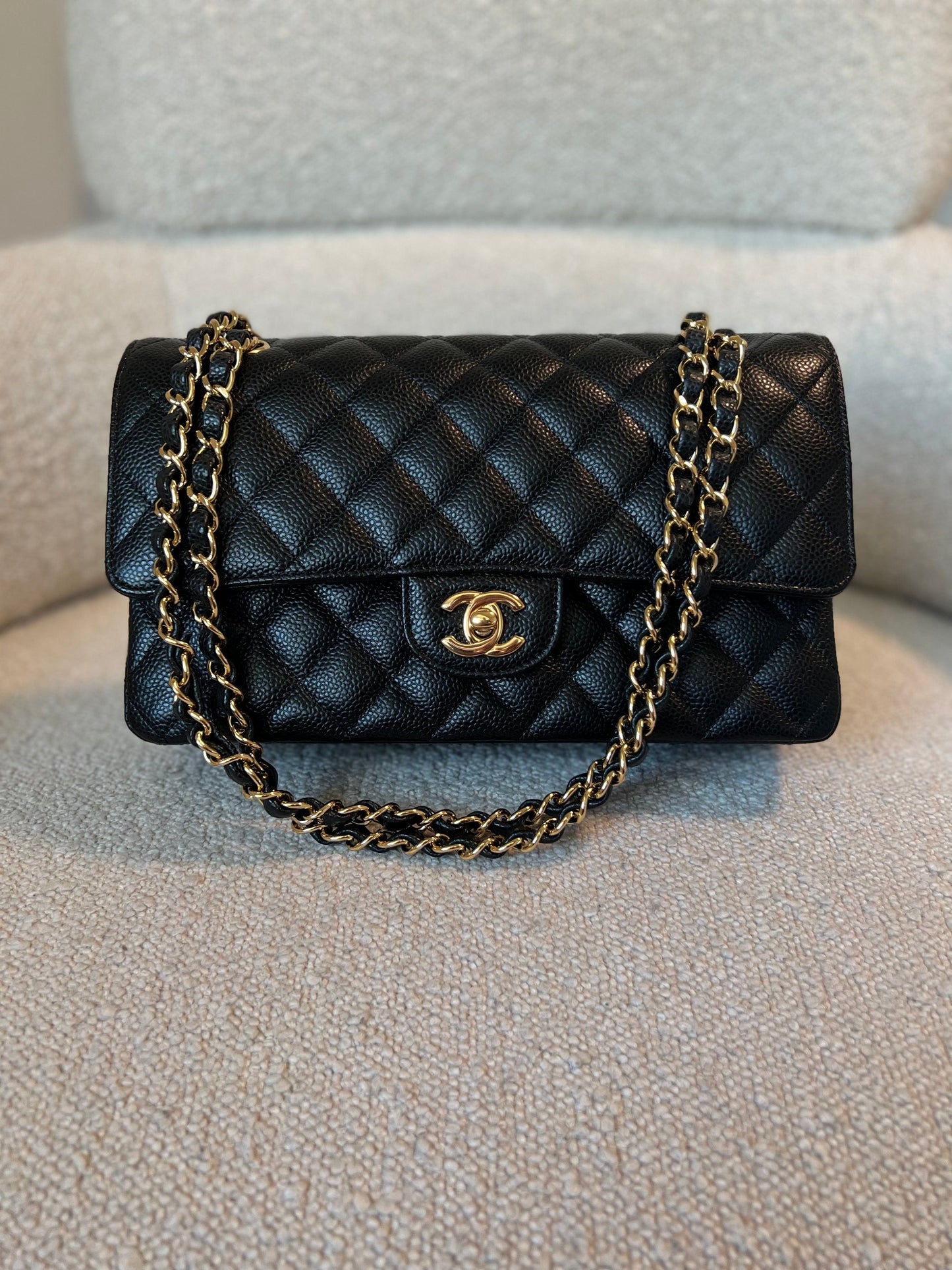 Chanel Black Caviar Quilted Classic Double Flap Medium Gold Hardware