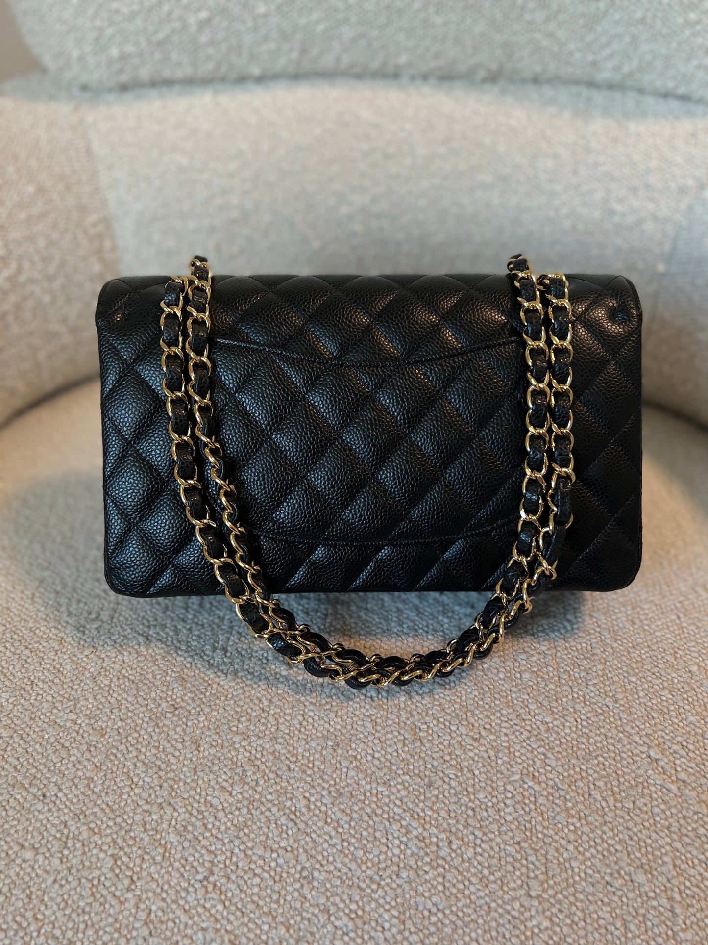 Chanel Black Caviar Quilted Classic Double Flap Medium Gold Hardware