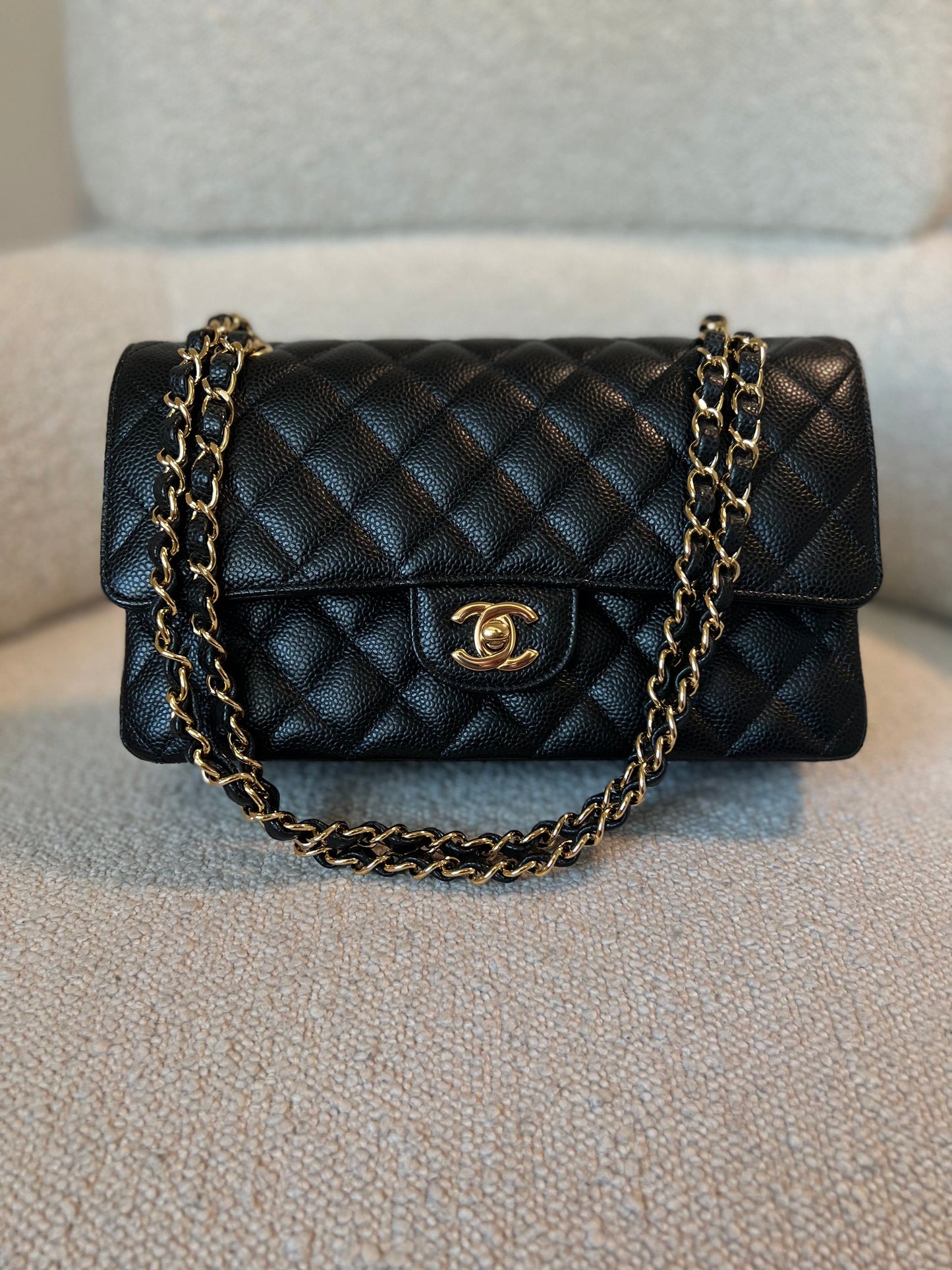 Chanel Black Caviar Quilted Classic Double Flap Medium Gold Hardware