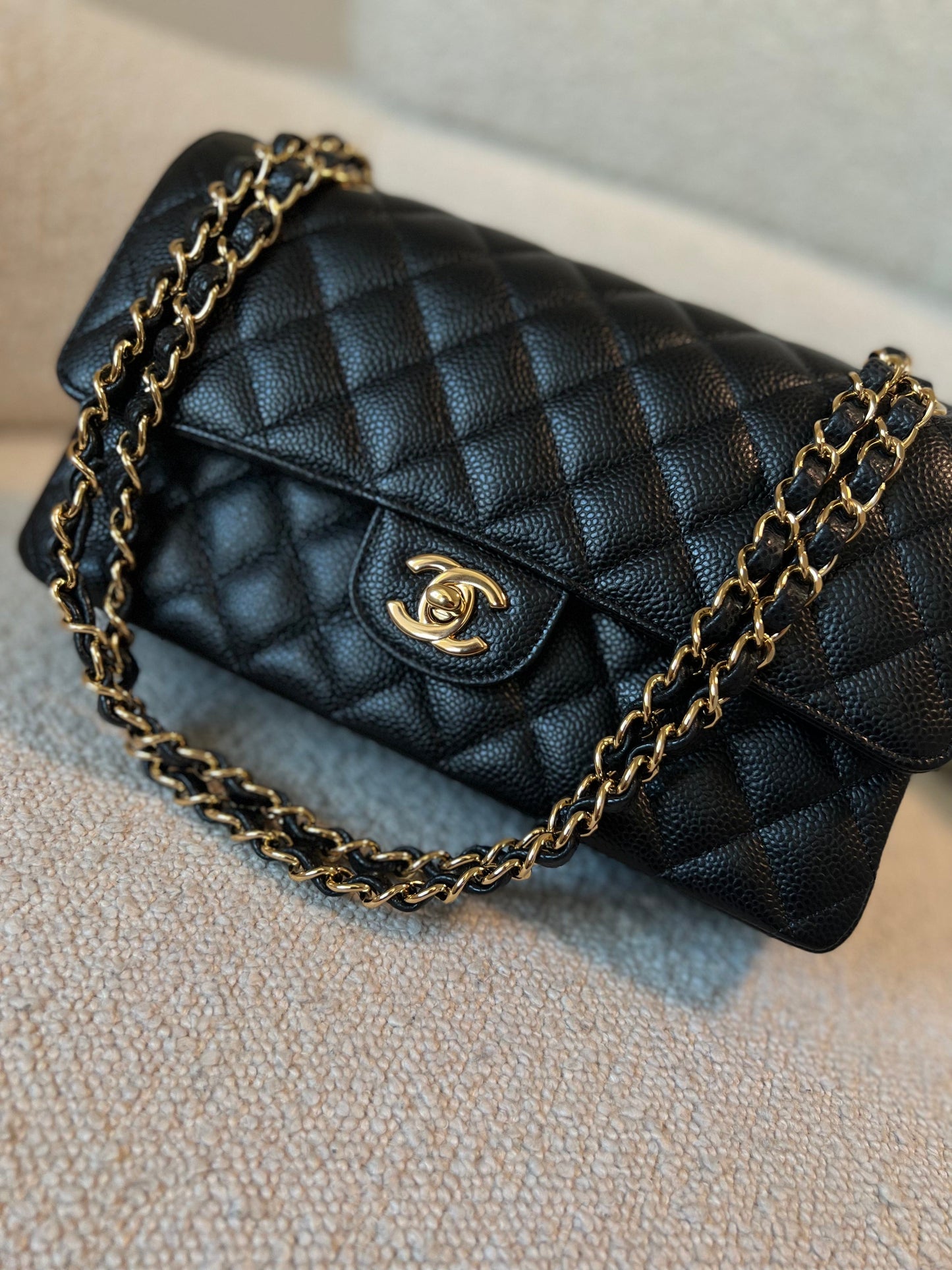 Chanel Black Caviar Quilted Classic Double Flap Medium Gold Hardware