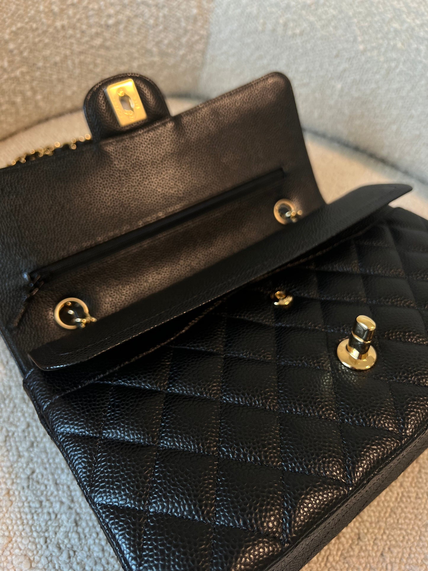 Chanel Black Caviar Quilted Classic Double Flap Medium Gold Hardware