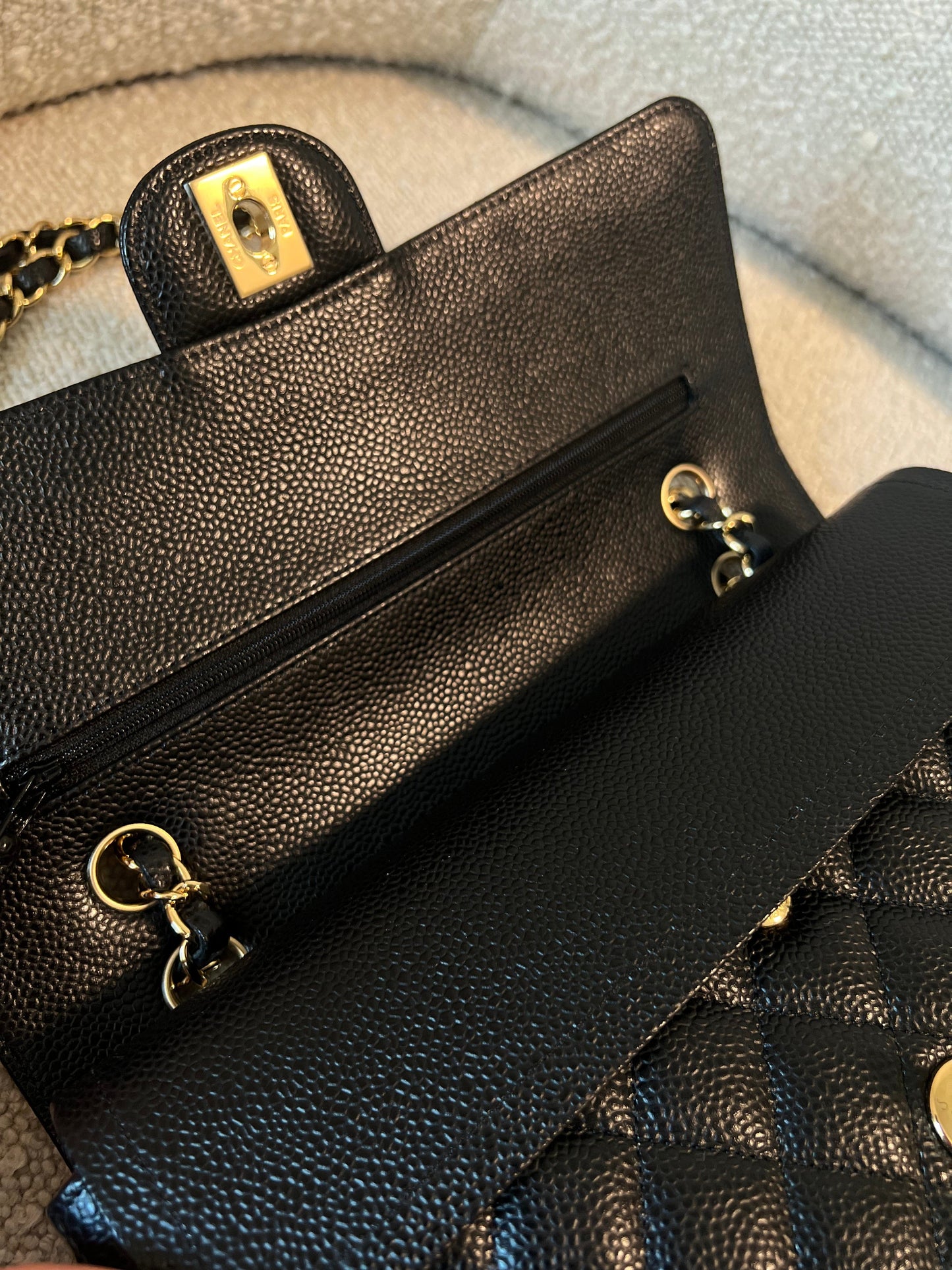 Chanel Black Caviar Quilted Classic Double Flap Medium Gold Hardware