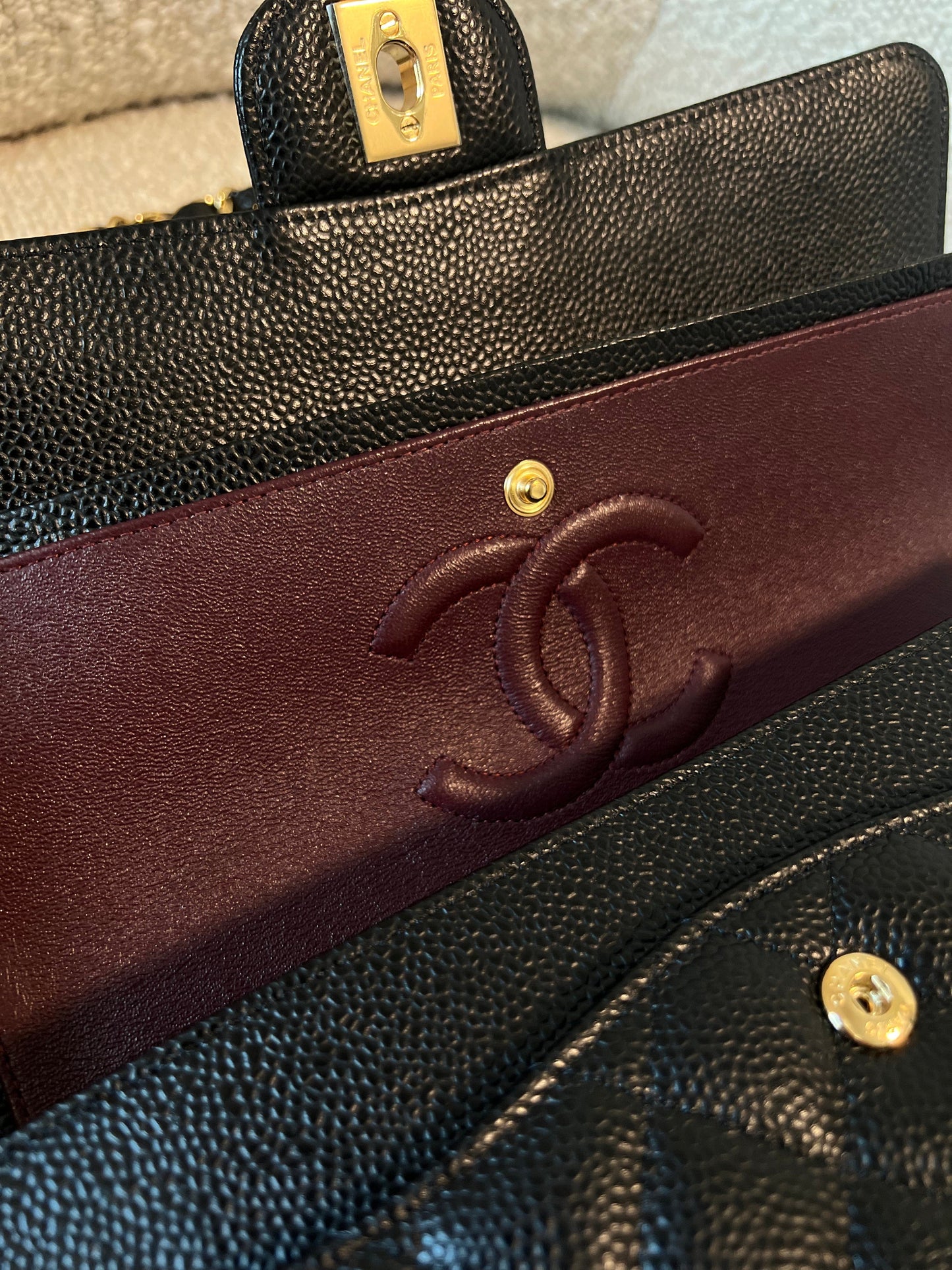 Chanel Black Caviar Quilted Classic Double Flap Medium Gold Hardware