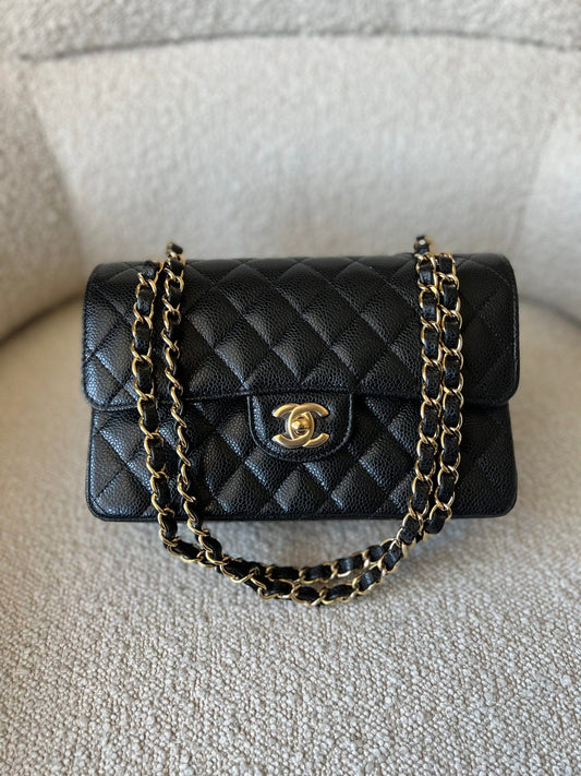 Chanel Black Caviar Quilted Classic Flap Small Gold Hardware