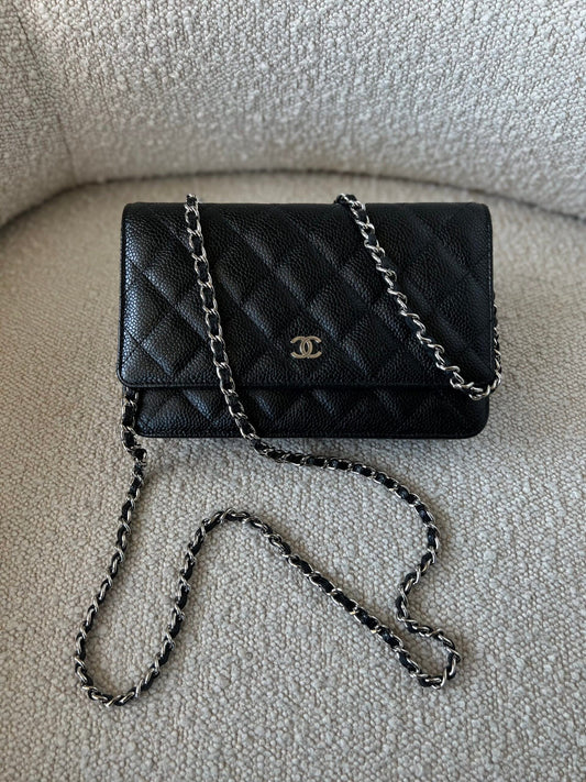 Chanel Black Caviar Quilted Wallet On Chain Silver Hardware (WOC)