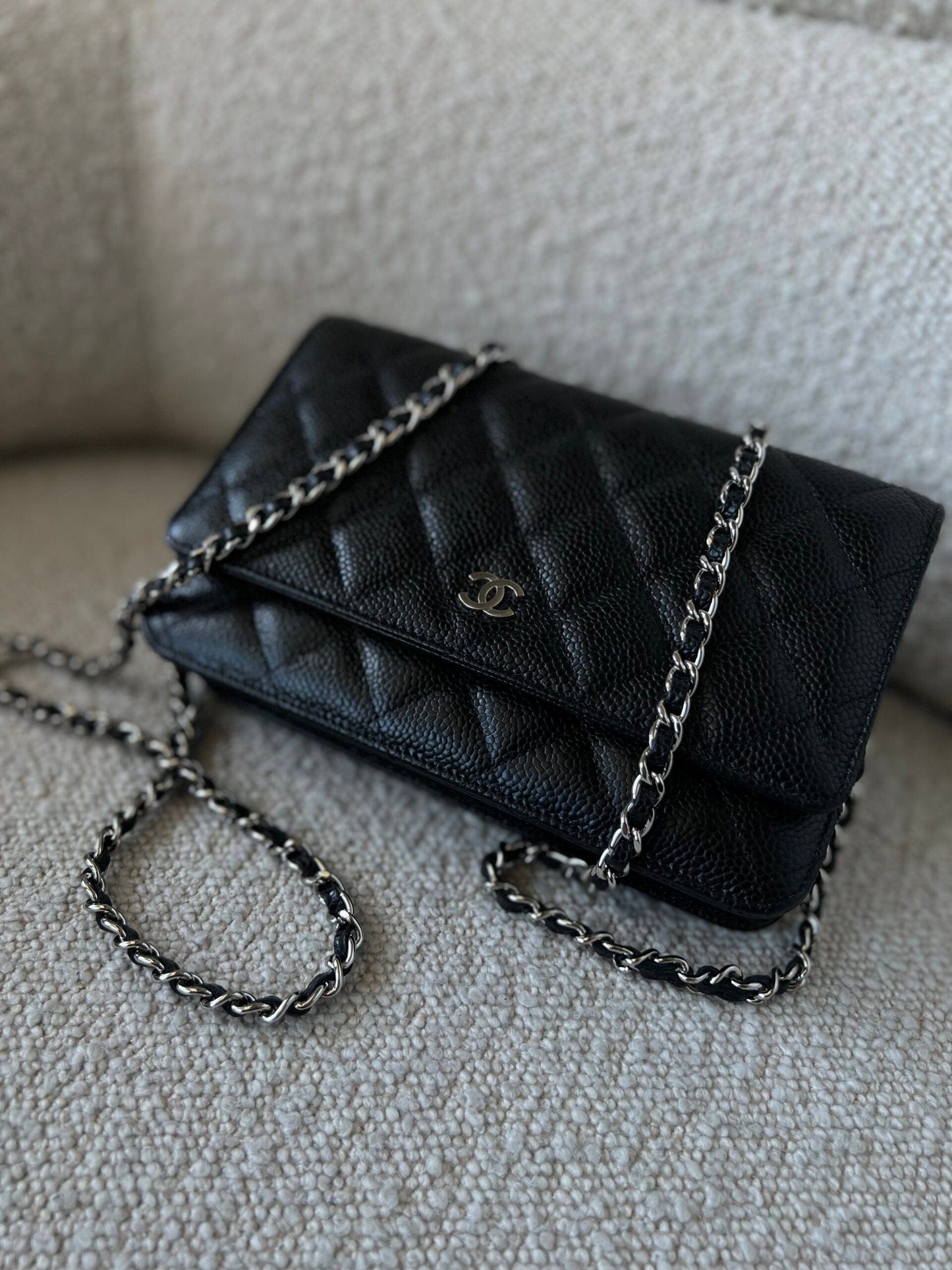Chanel Black Caviar Quilted Wallet On Chain Silver Hardware (WOC)