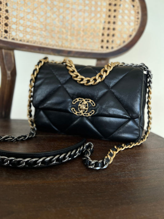 Chanel Black Lambskin Quilted 19 Flap Small Mixed Hardware