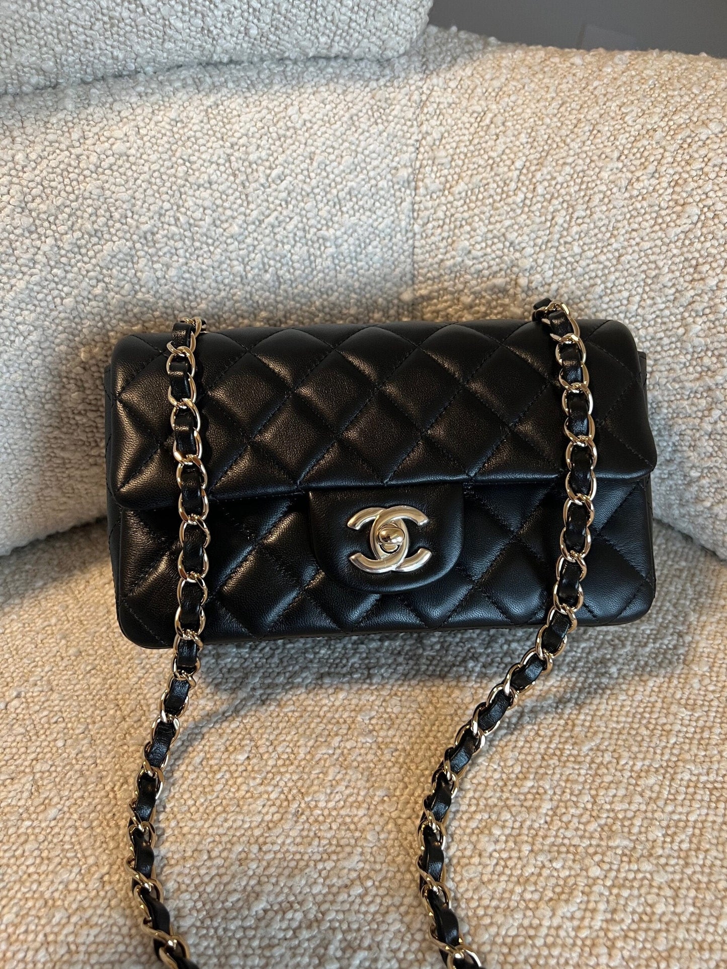 Chanel Black Mini Rectangular Lambskin Quilted Flap LGHW
