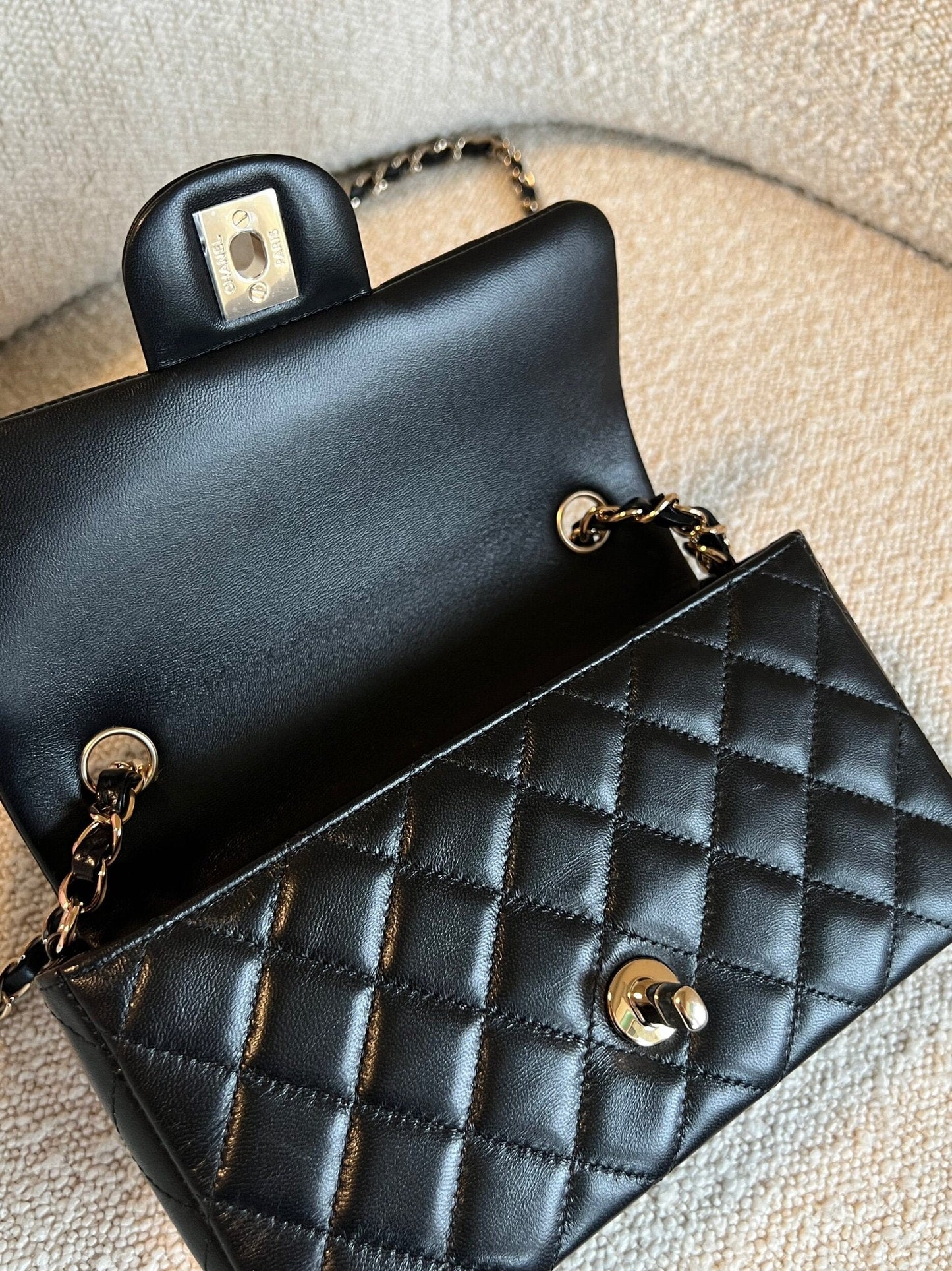 Chanel Black Mini Rectangular Lambskin Quilted Flap LGHW