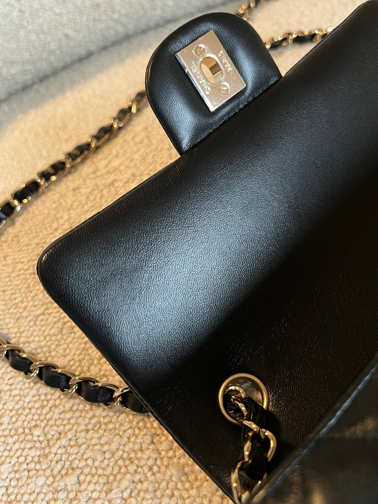 Chanel Black Mini Rectangular Lambskin Quilted Flap LGHW