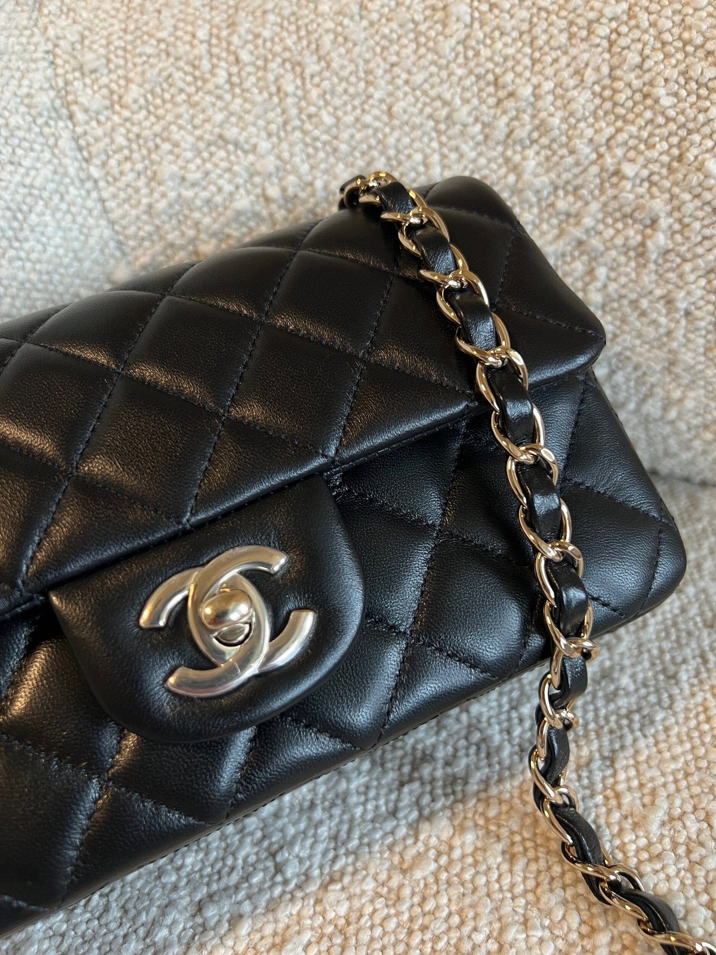 Chanel Black Mini Rectangular Lambskin Quilted Flap LGHW