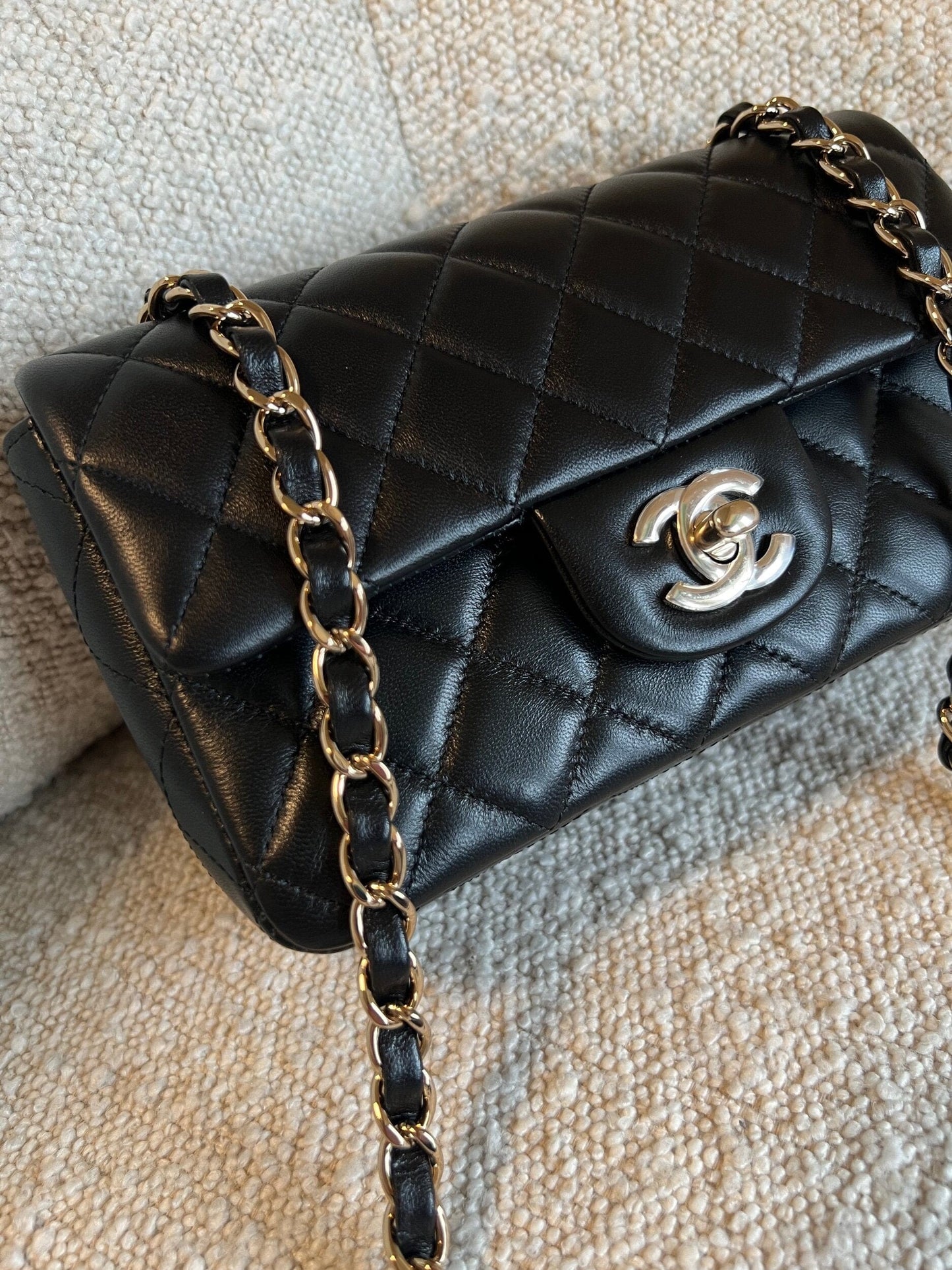 Chanel Black Mini Rectangular Lambskin Quilted Flap LGHW