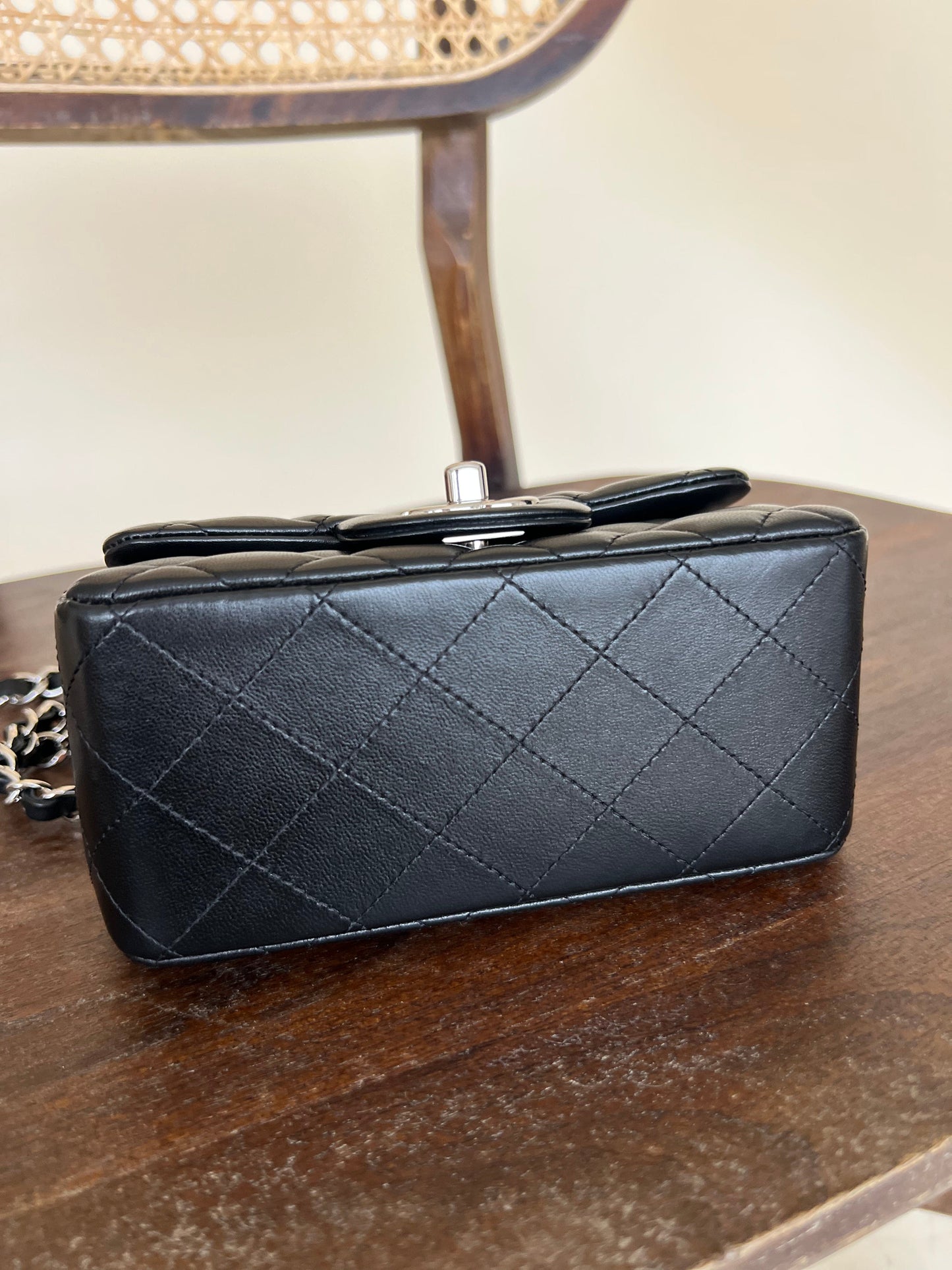 CHANEL BLACK MINI SQUARE LAMBSKIN QUILTED FLAP SILVER HARDWARE